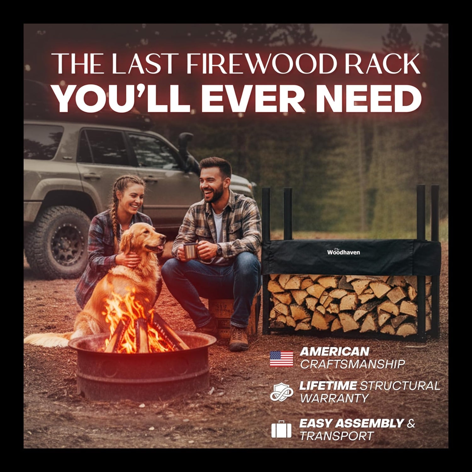 Woodhaven 4 ft Firewood Rack holding stacked firewood outdoors