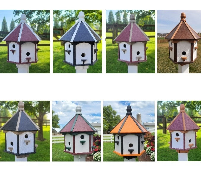 Extra large Amish-made poly birdhouse with six nesting compartments in navy blue with cedar trim