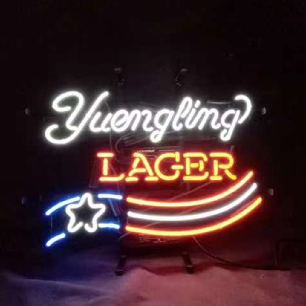 Yuengling Lager Star Neon Sign illuminated on metal grid backing