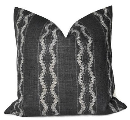 Zanzibar Pillow Cover in Charcoal showing front printed fabric and ivory linen back