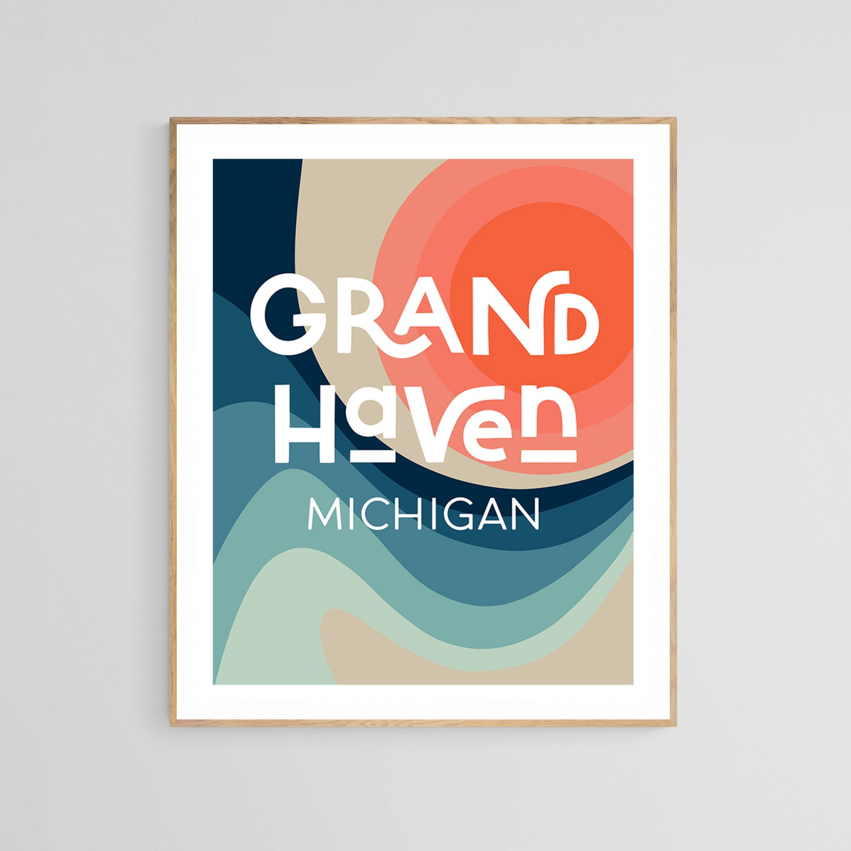 Framed Destination: Grand Haven, Michigan modern art print by Alicia Bock, displayed on a wall