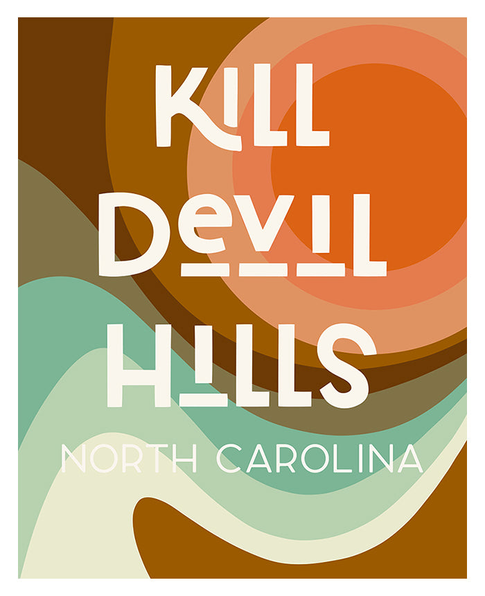 Destination: Kill Devil Hills modern art print by Alicia Bock in white frame on beige wall