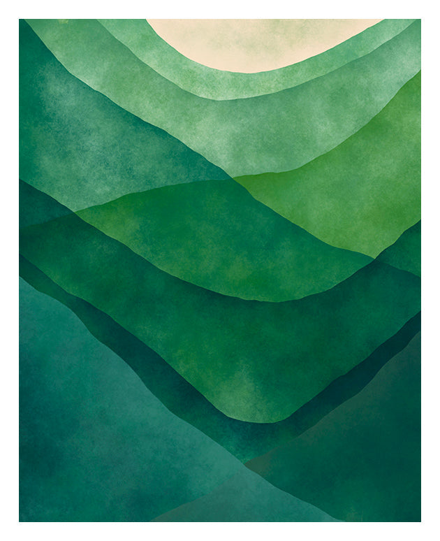 Abstract watercolor mountain print with layered earthy tones and soft blue shades