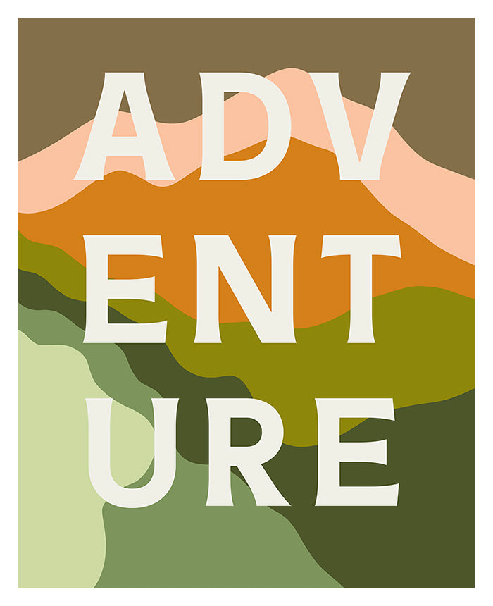 Adventure (Green) Typography Art Print by Alicia Bock displayed framed on a wall