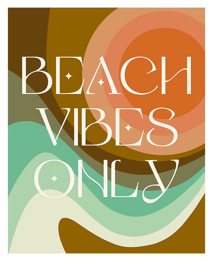 Beach Vibes Only modern art print displayed framed on a textured white wall above a navy blue couch with coastal decor.