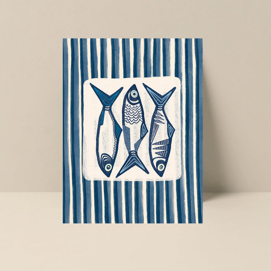Blue sardine illustration on note card with vertical blue stripe