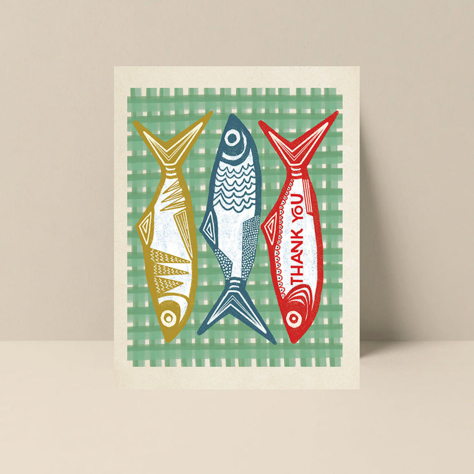 Blue Sardine note card showing an original sardine illustration by Alicia Bock