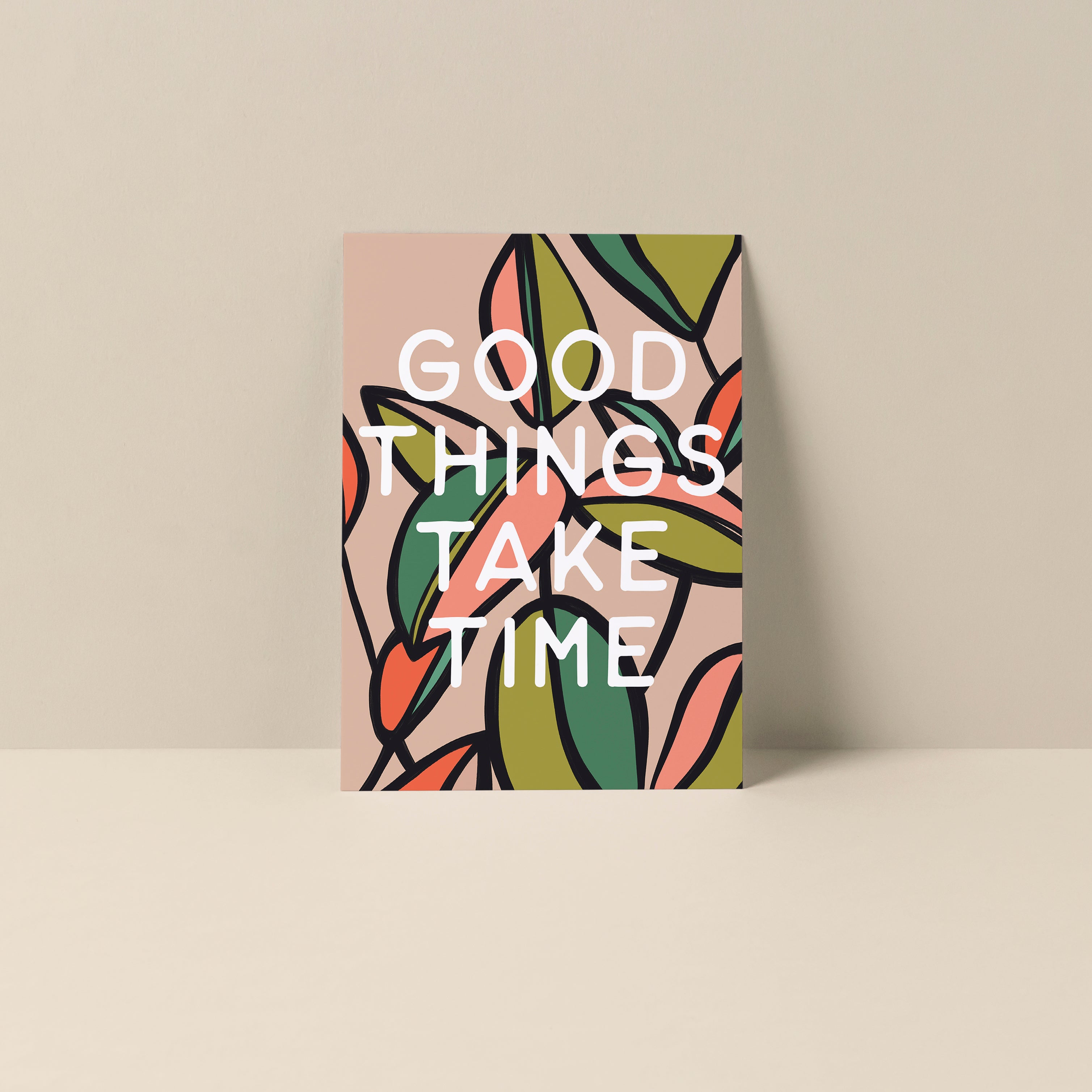 Good Things Take Time blank notecard with hand-lettered typography on smooth matte card stock