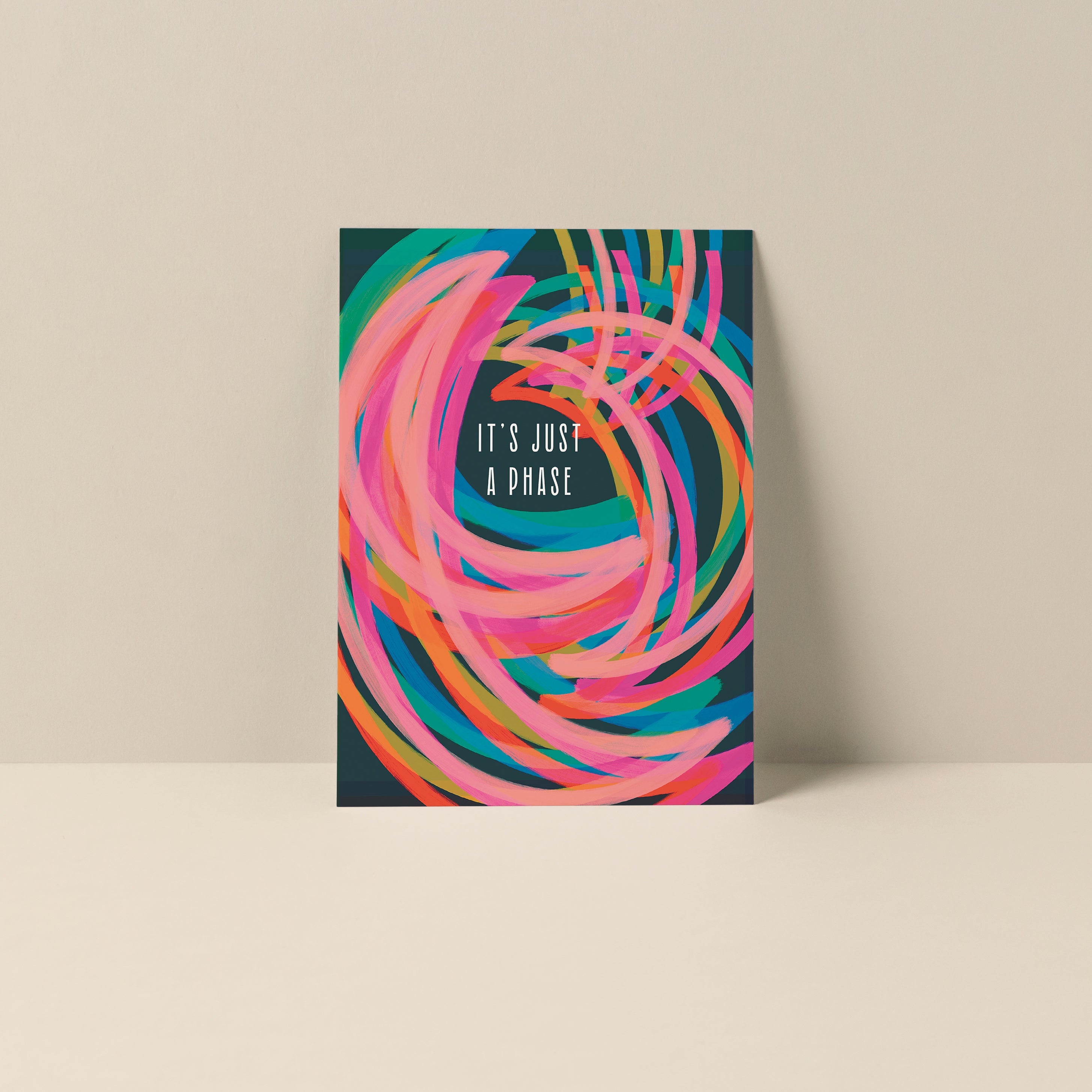 It's Just A Phase blank notecard showing original artwork and typography by Alicia Bock