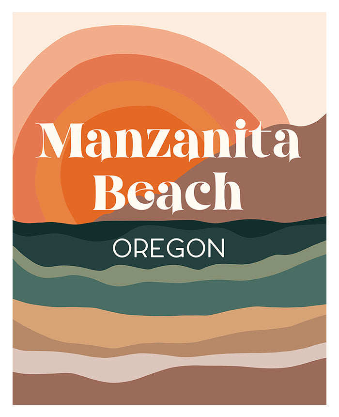 Destination: Manzanita Beach, Oregon modern typography art print shown framed and unframed