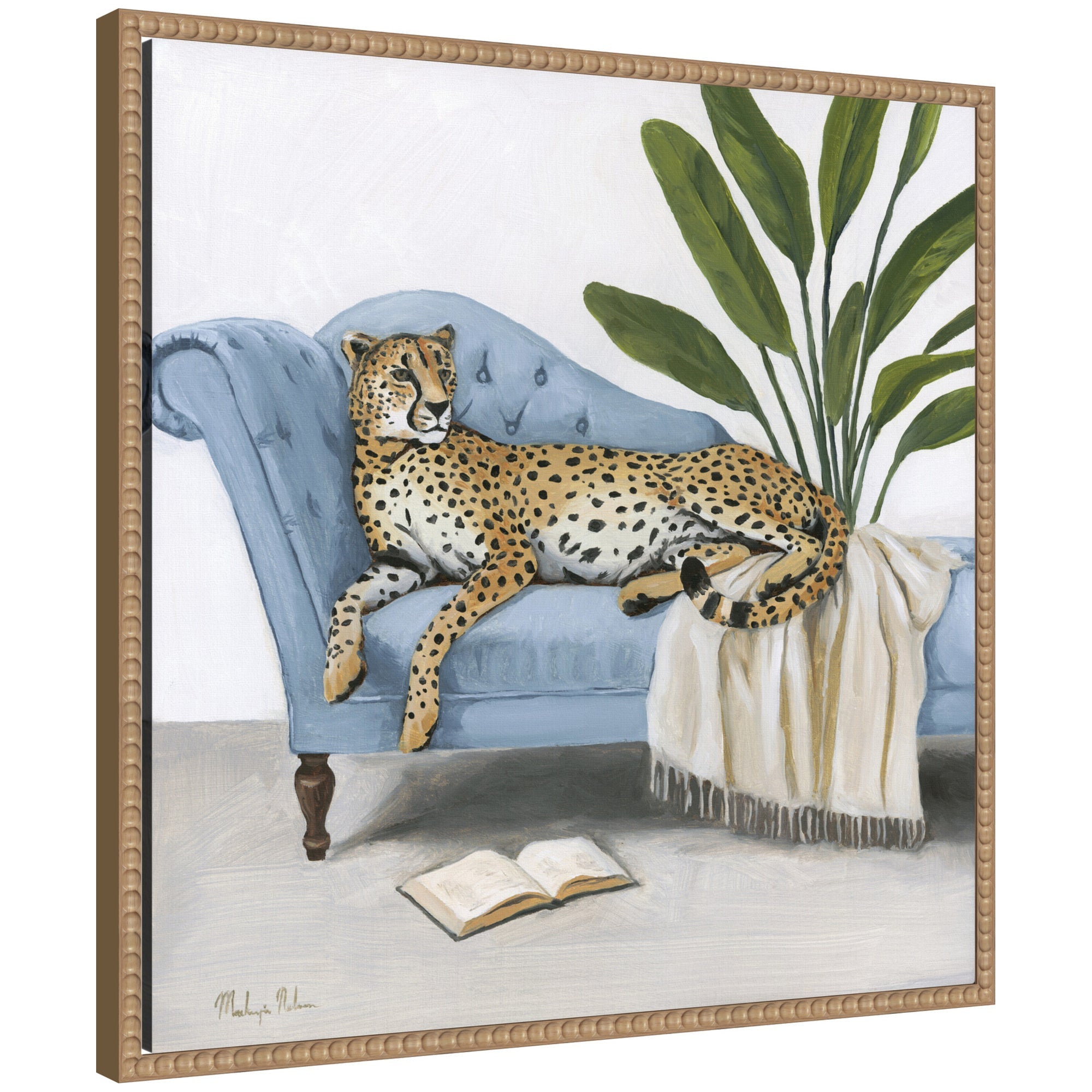 Framed canvas art print titled La Dulce Vida Cheetah by Mackenzie Nelson showing a cheetah design in rustic natural Sylvie Beaded frame