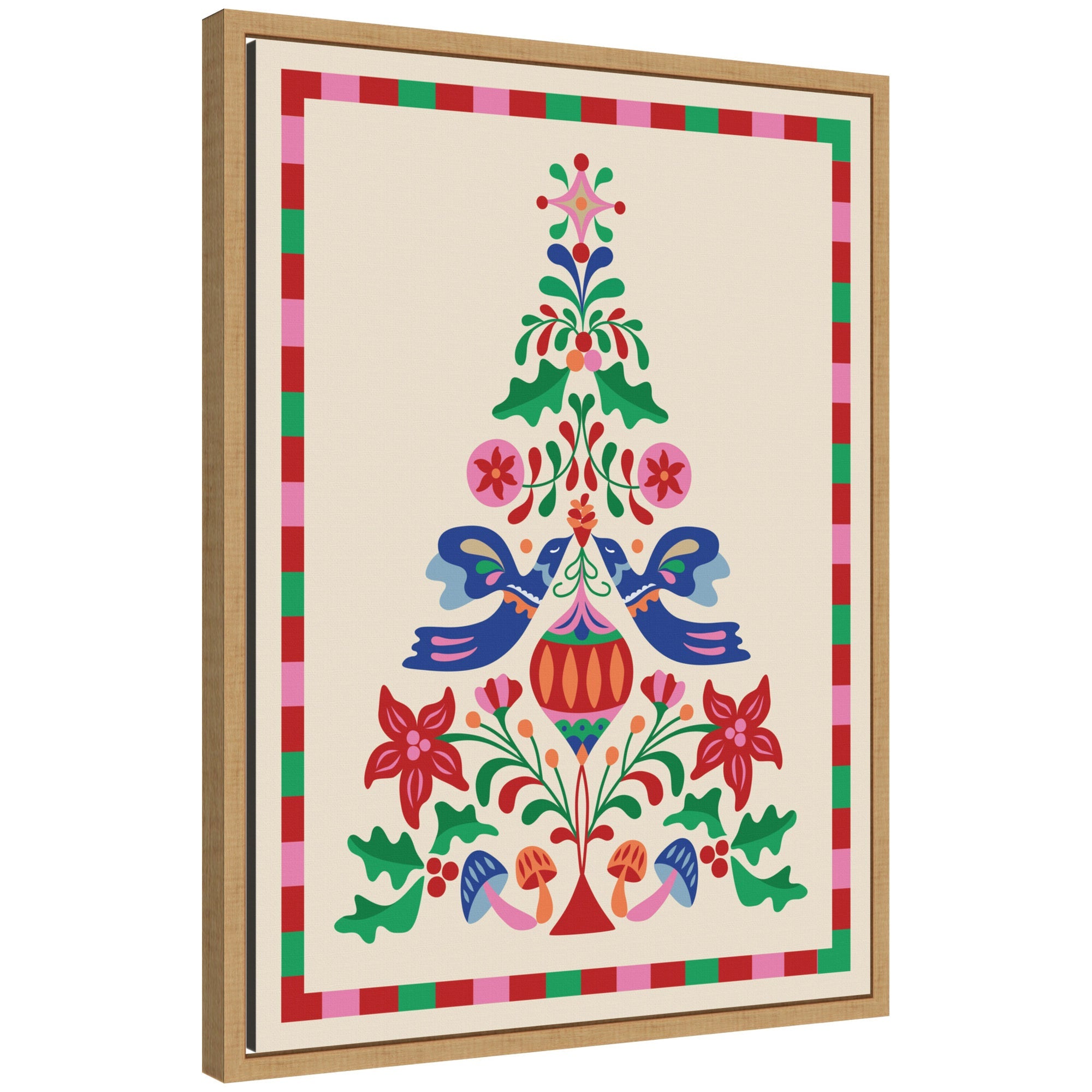 Sylvie Framed Canvas Folk Art Christmas Tree by Rachel Lee with vibrant floral folk patterns in a modern frame