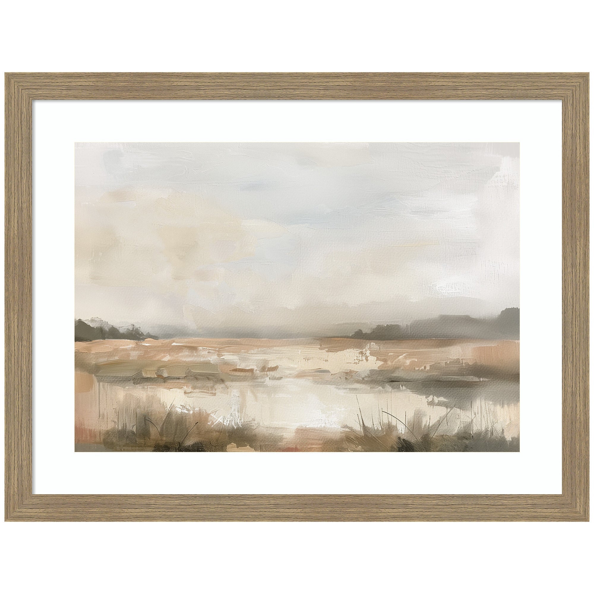 Neutral Abstract Landscape framed wall art print with soft beige, cream, and muted earth tones in abstract forms