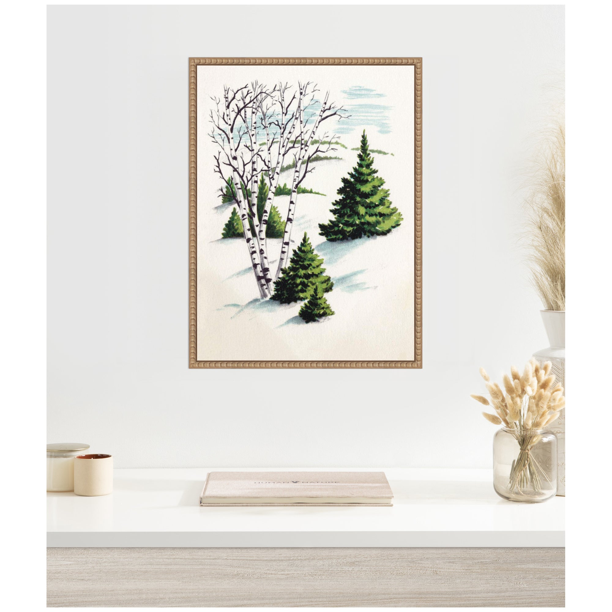 Sylvie Beaded Christmas Snowy Winter Fir Trees and Birch Trees Framed Canvas by Corinna Buchholz of Piddix