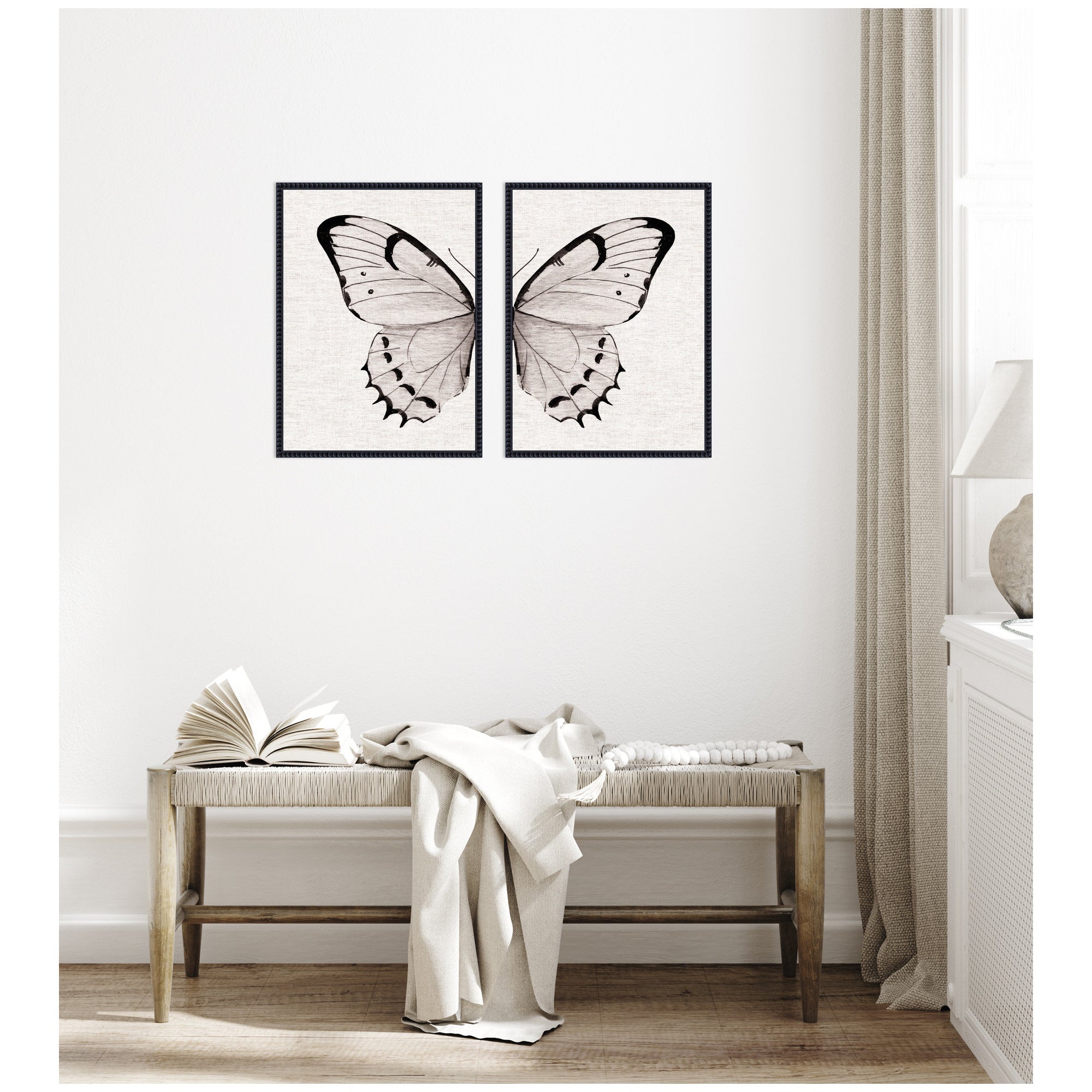 Sylvie Beaded Minimal Butterfly Watercolor Neutral Linen - 2 Piece Framed Canvas Art Set