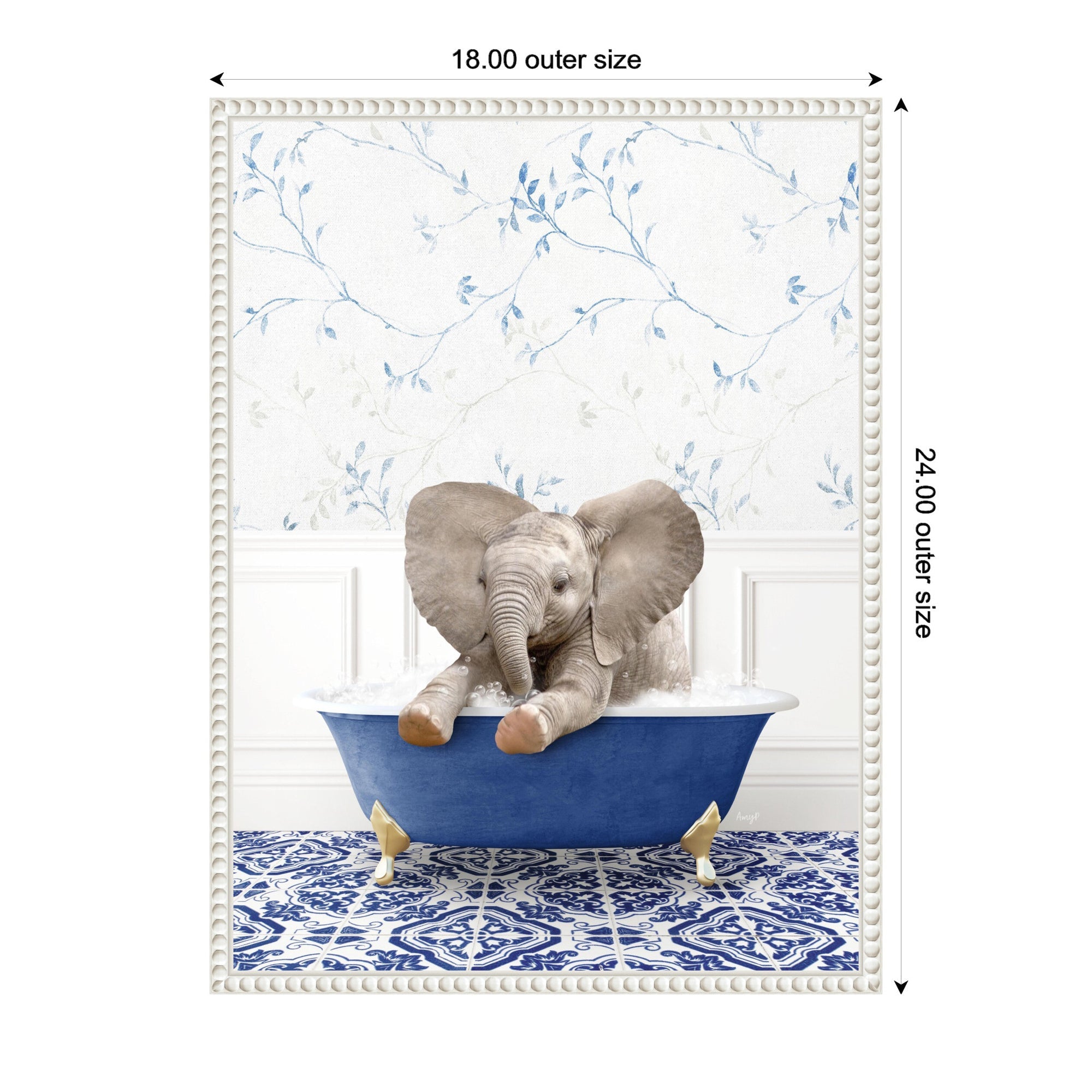 Sylvie Baby Elephant No6 in Eclectic Blue Bath Framed Canvas by Amy Peterson