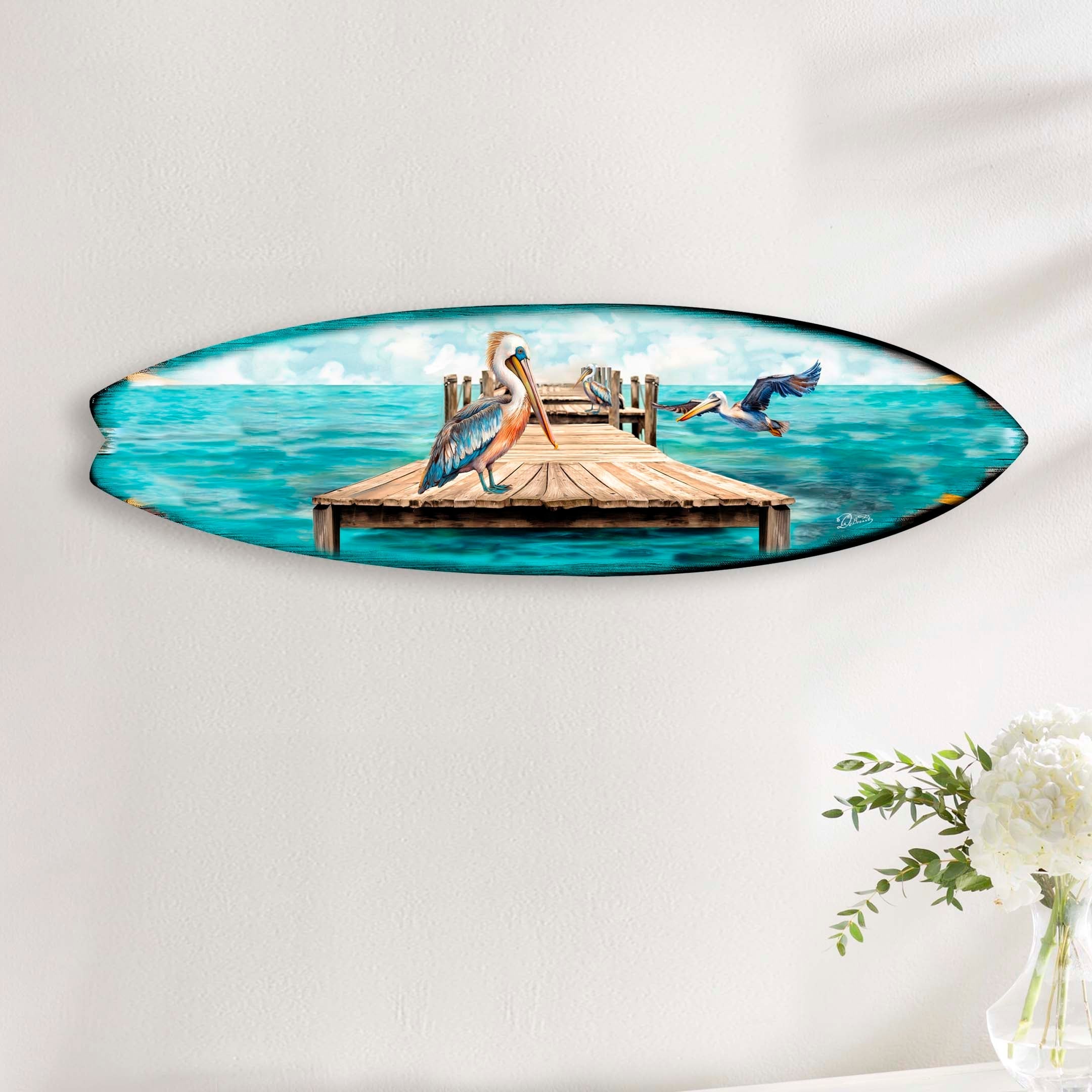 Pelican on the Pier Surfboard Coastal Wall Art by G. DeBrekht by G.DeBrekht - product image 6 for Resin Society