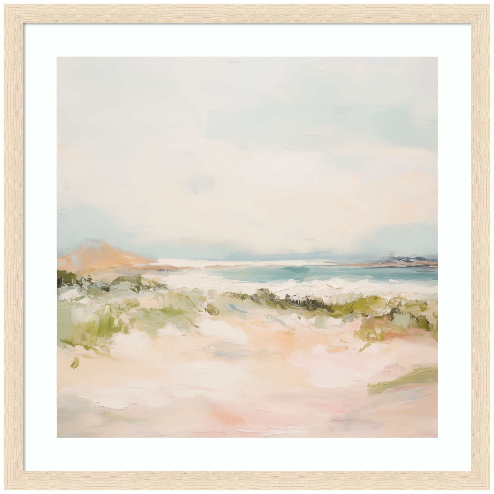 Tranquil Landscape III Square framed wall art print with woodgrain stripe blonde frame