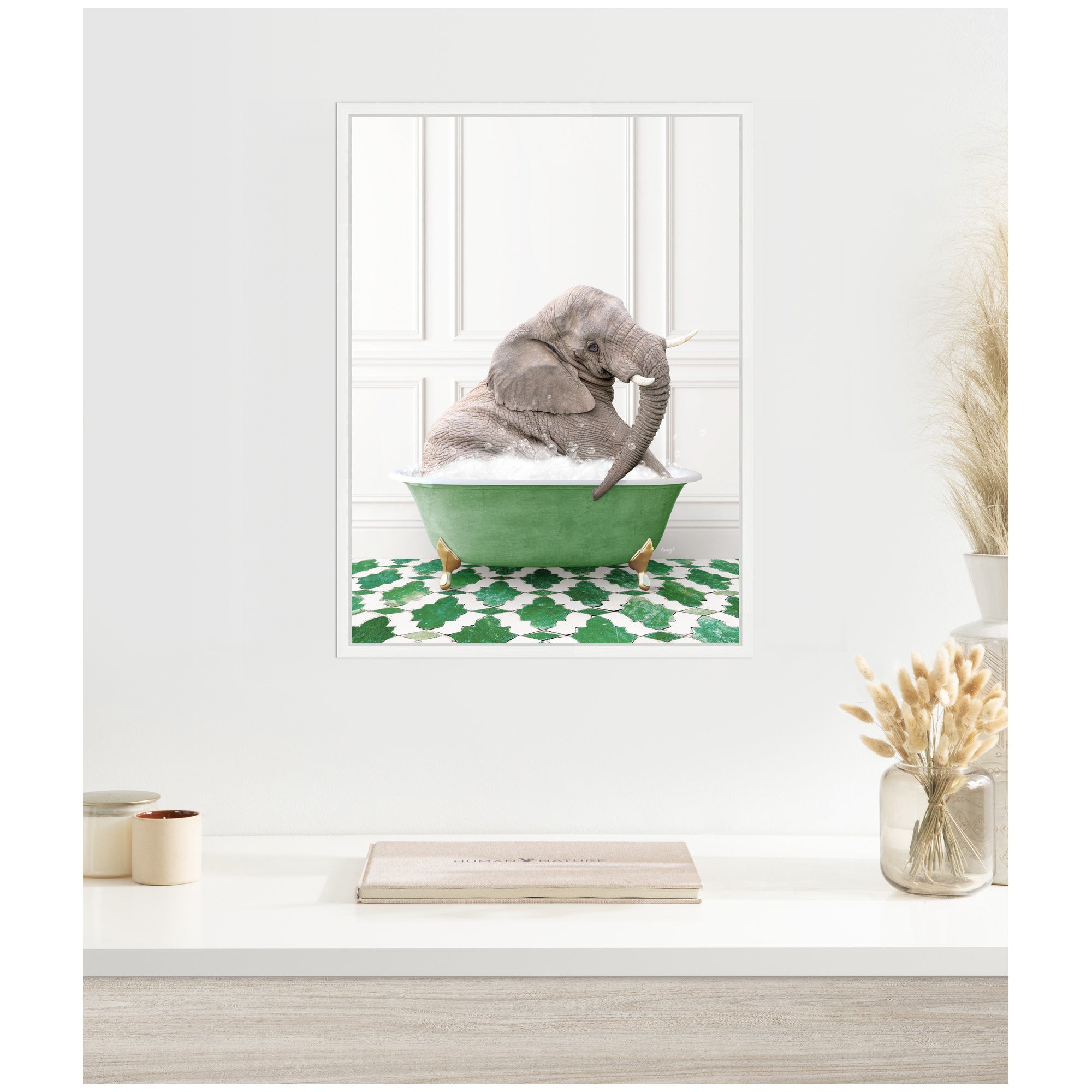 Sylvie Young Elephant in Eclectic Green Panel Wall Bathtub Framed Canvas by Amy Peterson