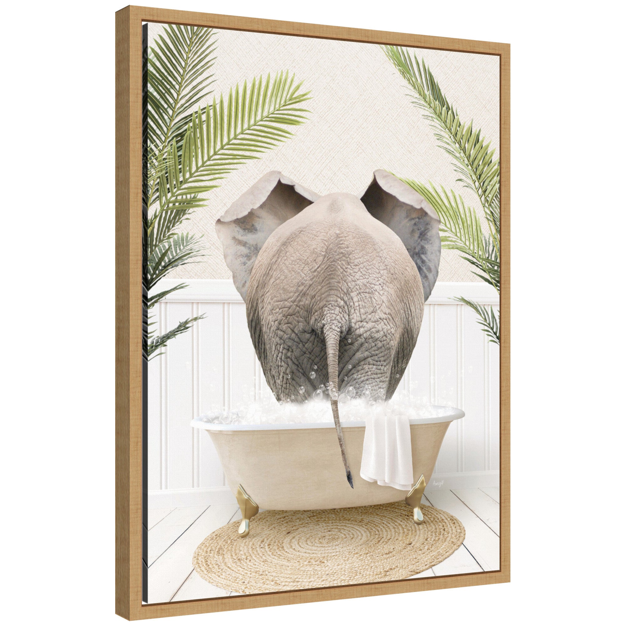 Sylvie Elephant Back in Palm Bathtub framed canvas art showing an elephant with palm leaves in the background