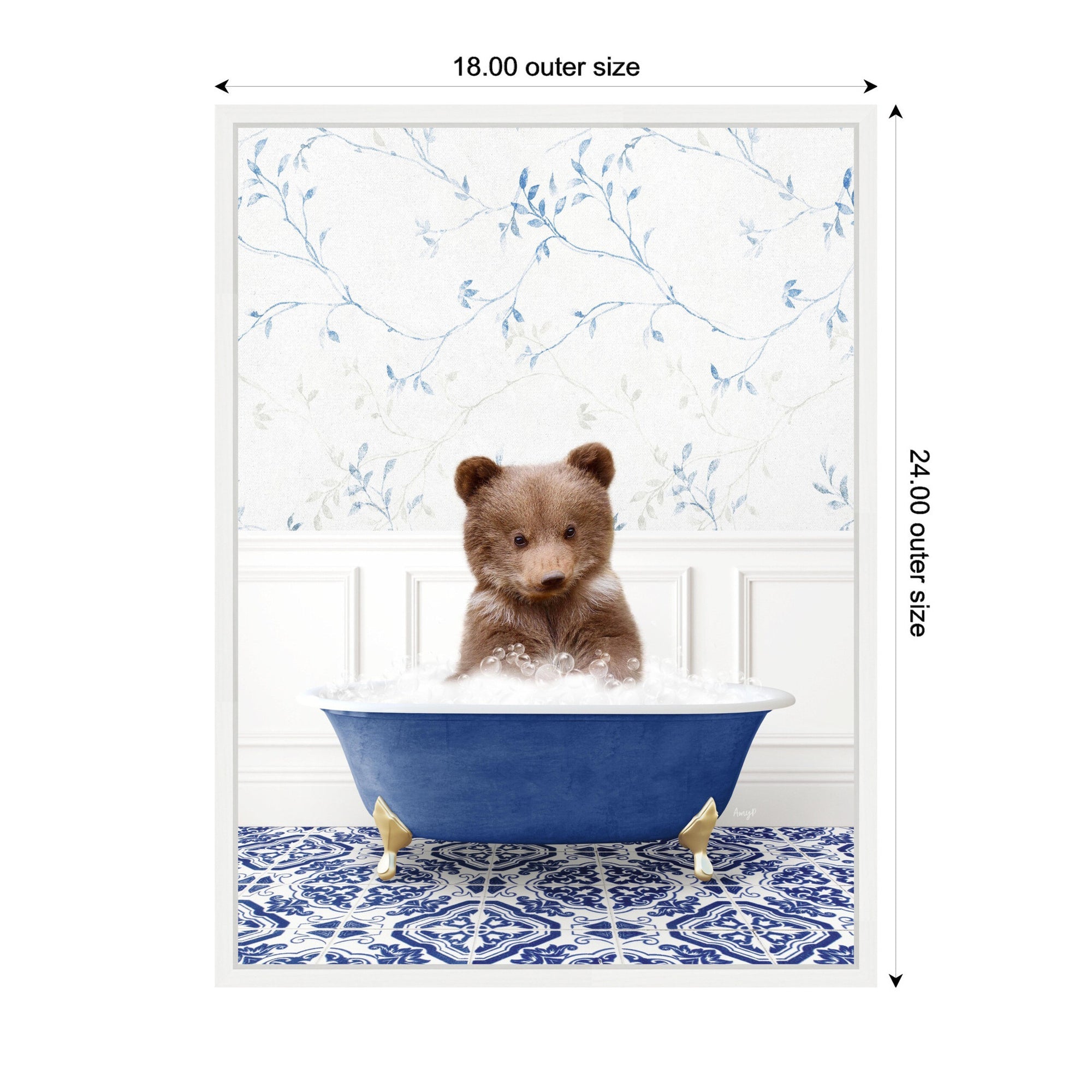 Sylvie Bear Cub in Eclectic Blue Bathtub Framed Canvas by Amy Peterson