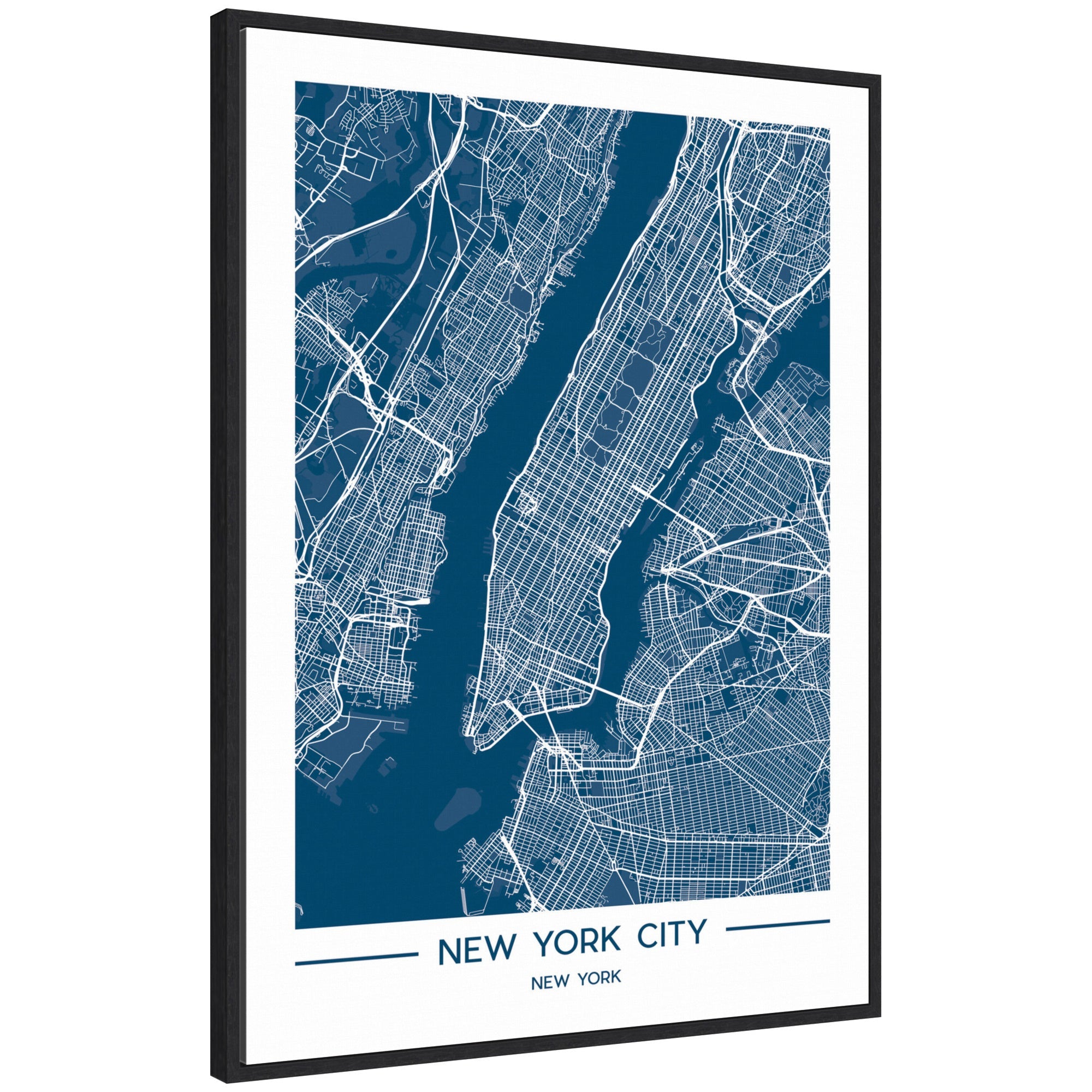 Framed canvas wall art showing a blue color map of New York City in a modern polystyrene frame