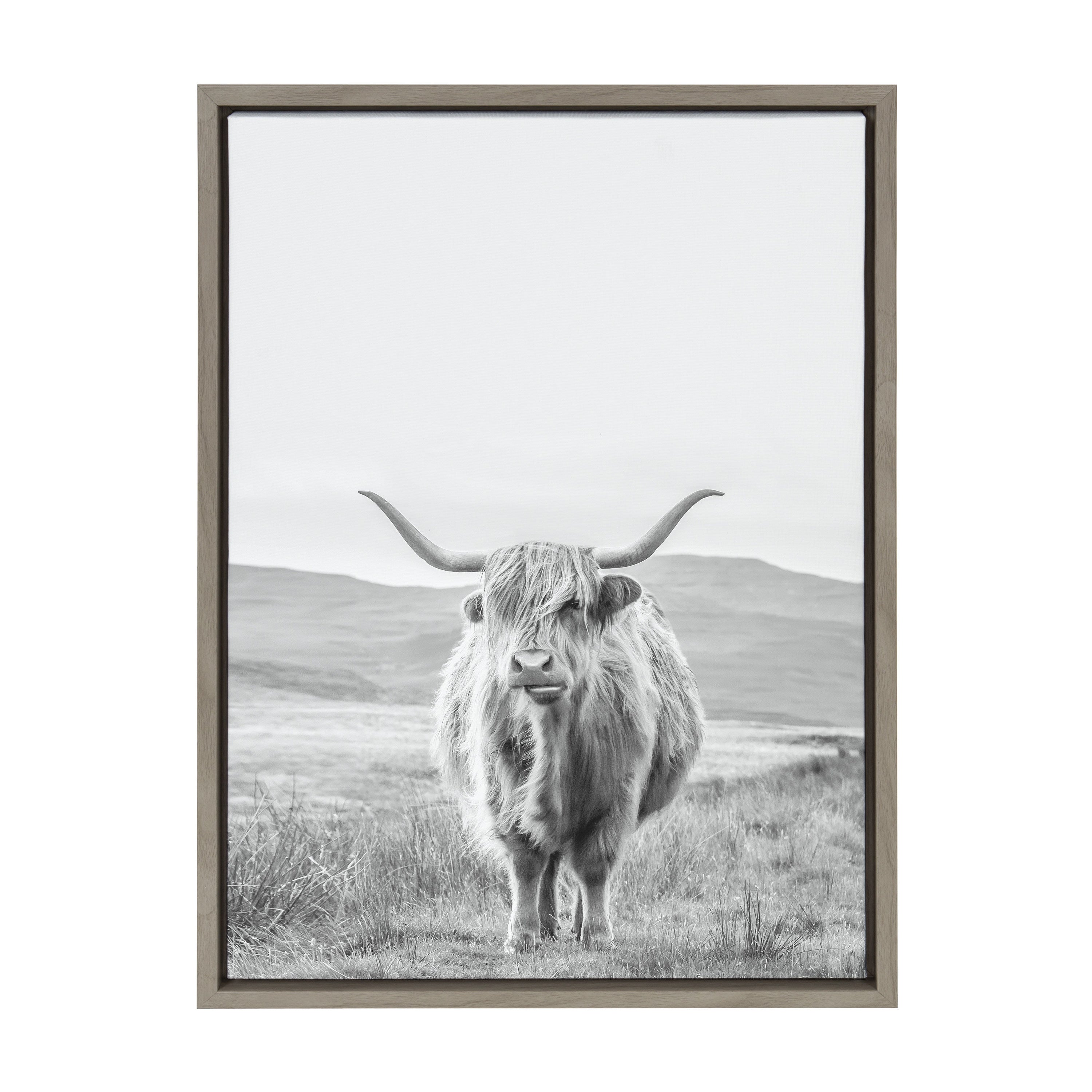 Sylvie Highland Cow Mountain Landscape Black and White Framed Canvas by