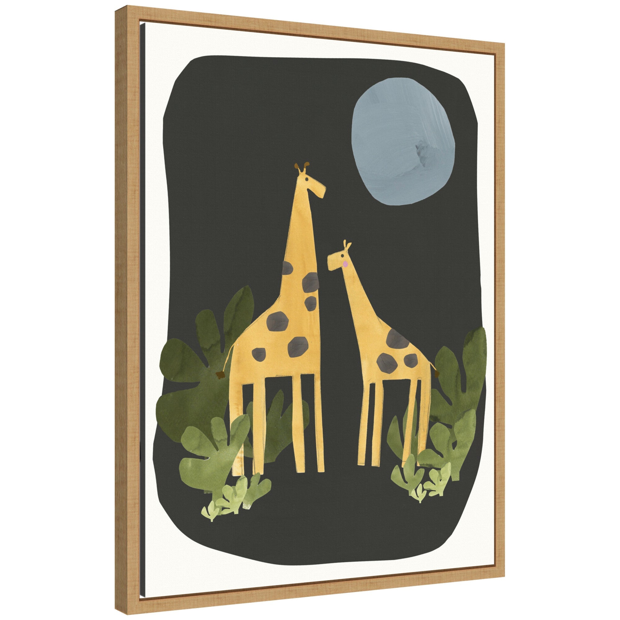Framed canvas wall art print titled 'Giraffes Under The Moon' by Alicia Abla showing giraffes under a full moon in a Sylvie frame