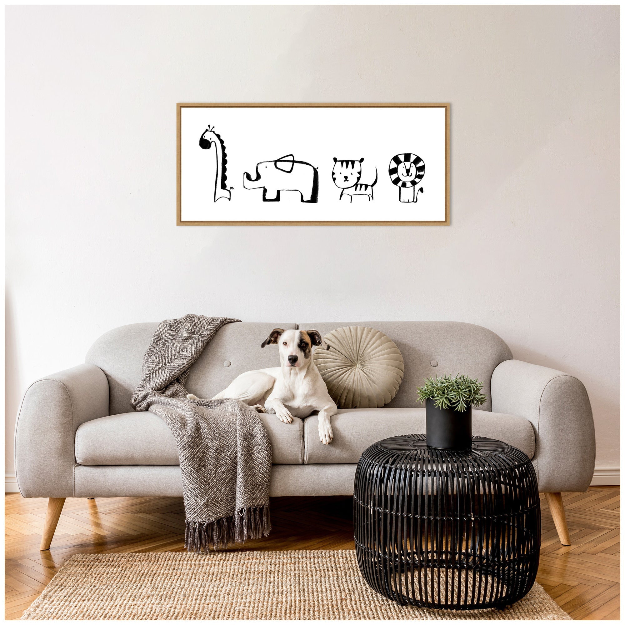Sylvie Minimalist Giraffe Elephant Tiger and Lion Sketch Framed Canvas by Teju Reval