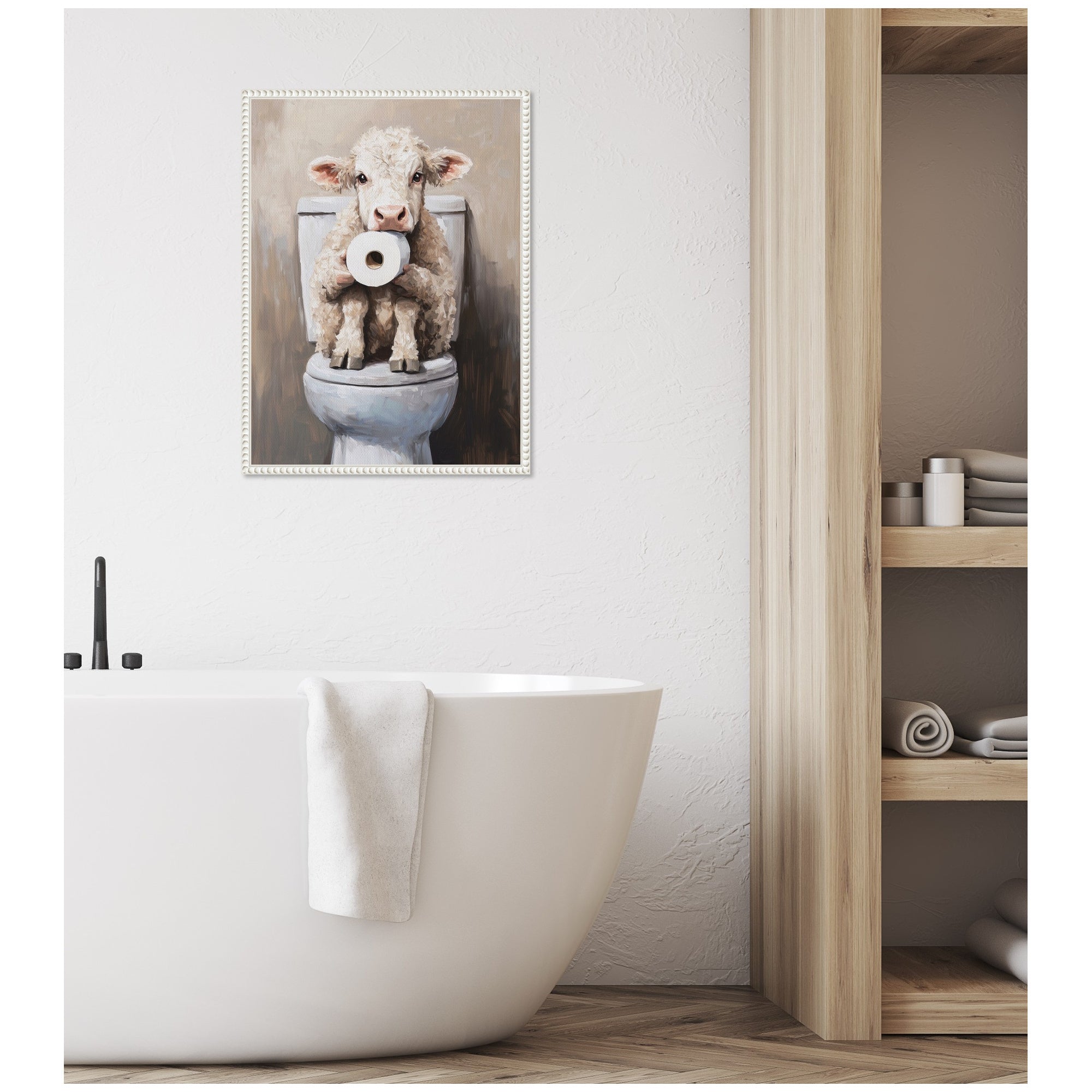 Sylvie Cute Cow Toilet Paper Roll Toilet Bathroom Art Framed Canvas