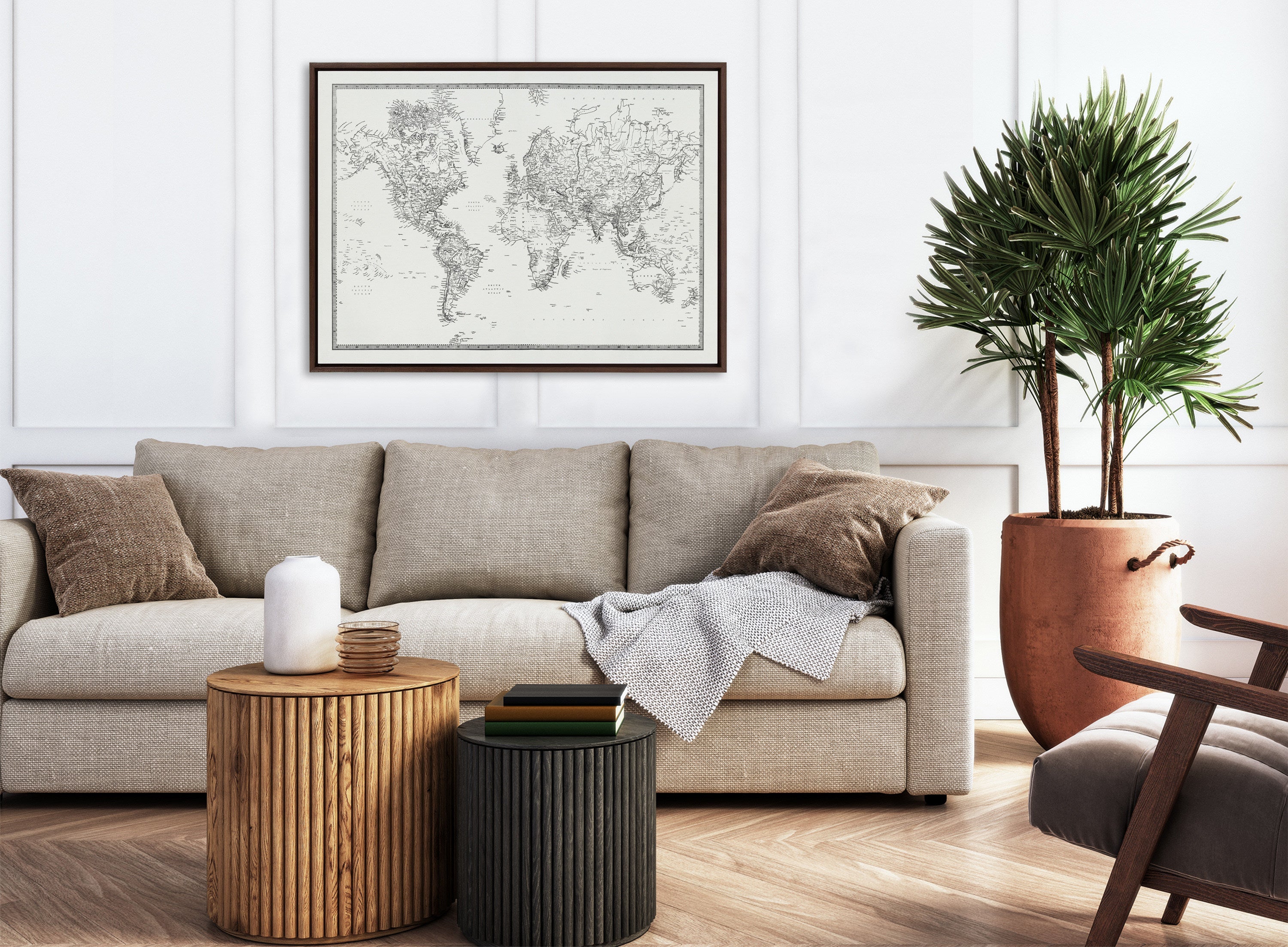 Sylvie Vintage Black and White World Map Framed Canvas by The Creative