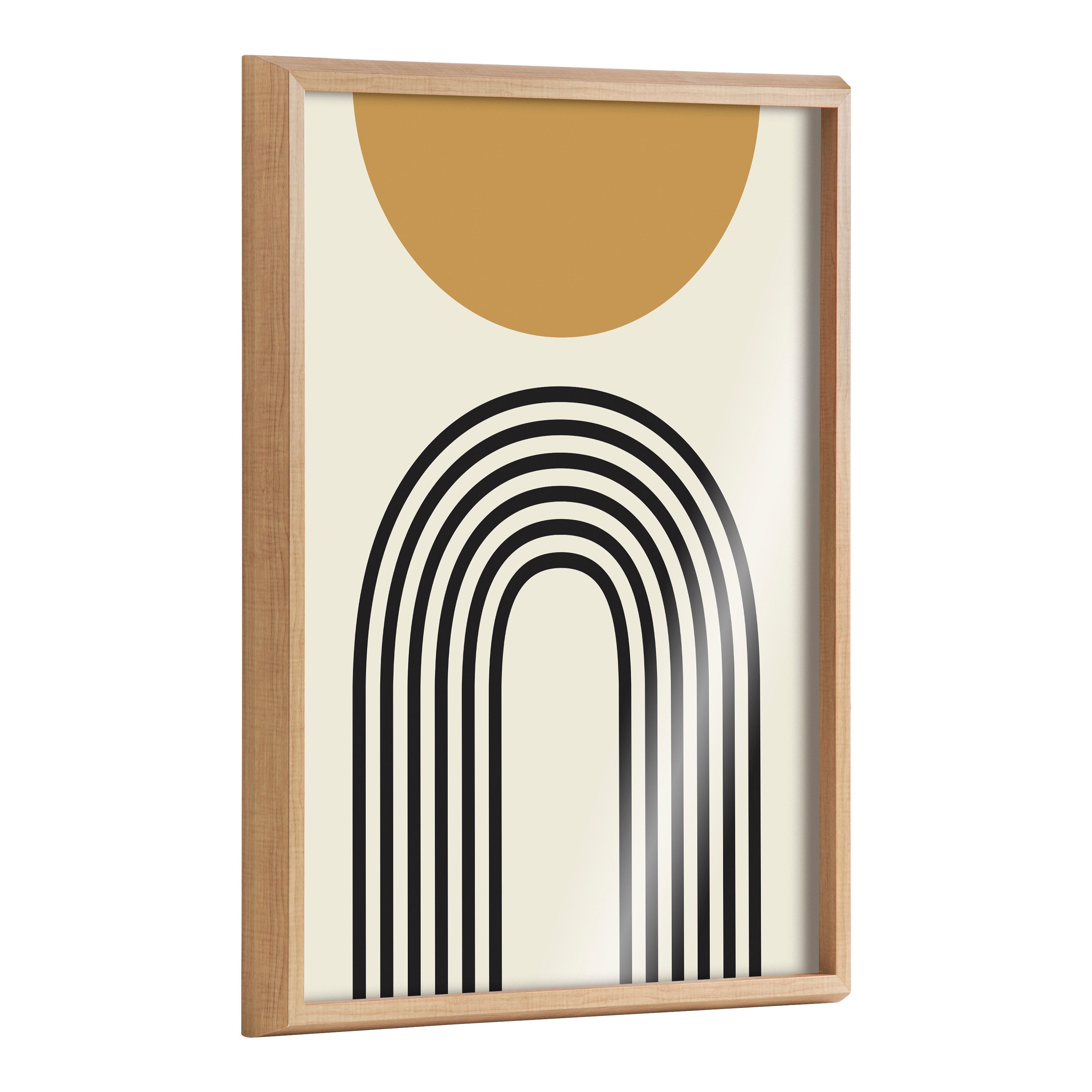 Framed printed art titled Blake Retro Mountain Sunrise showing geometric mountain shapes in warm orange and brown tones