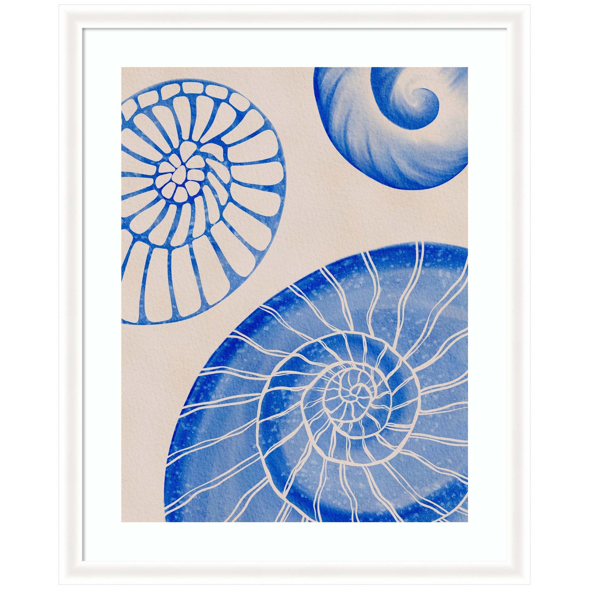 Framed Art Ocean charms l by Nikita Jariwala showing abstract nautilus shells in blue tones