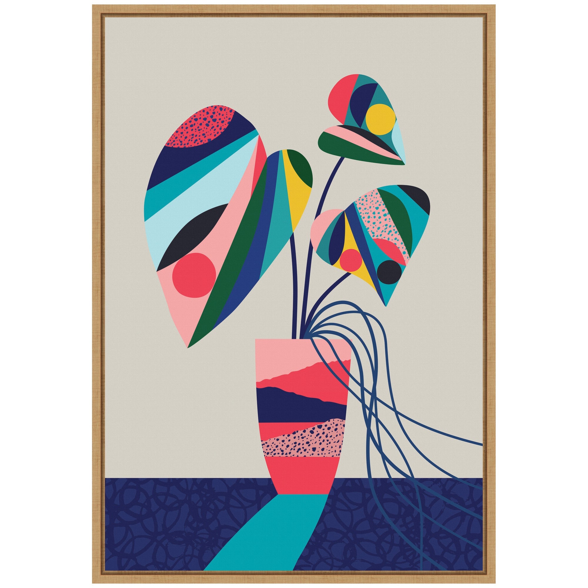 Sylvie MCM Blue and Pink Monstera Framed Canvas by Rachel Lee