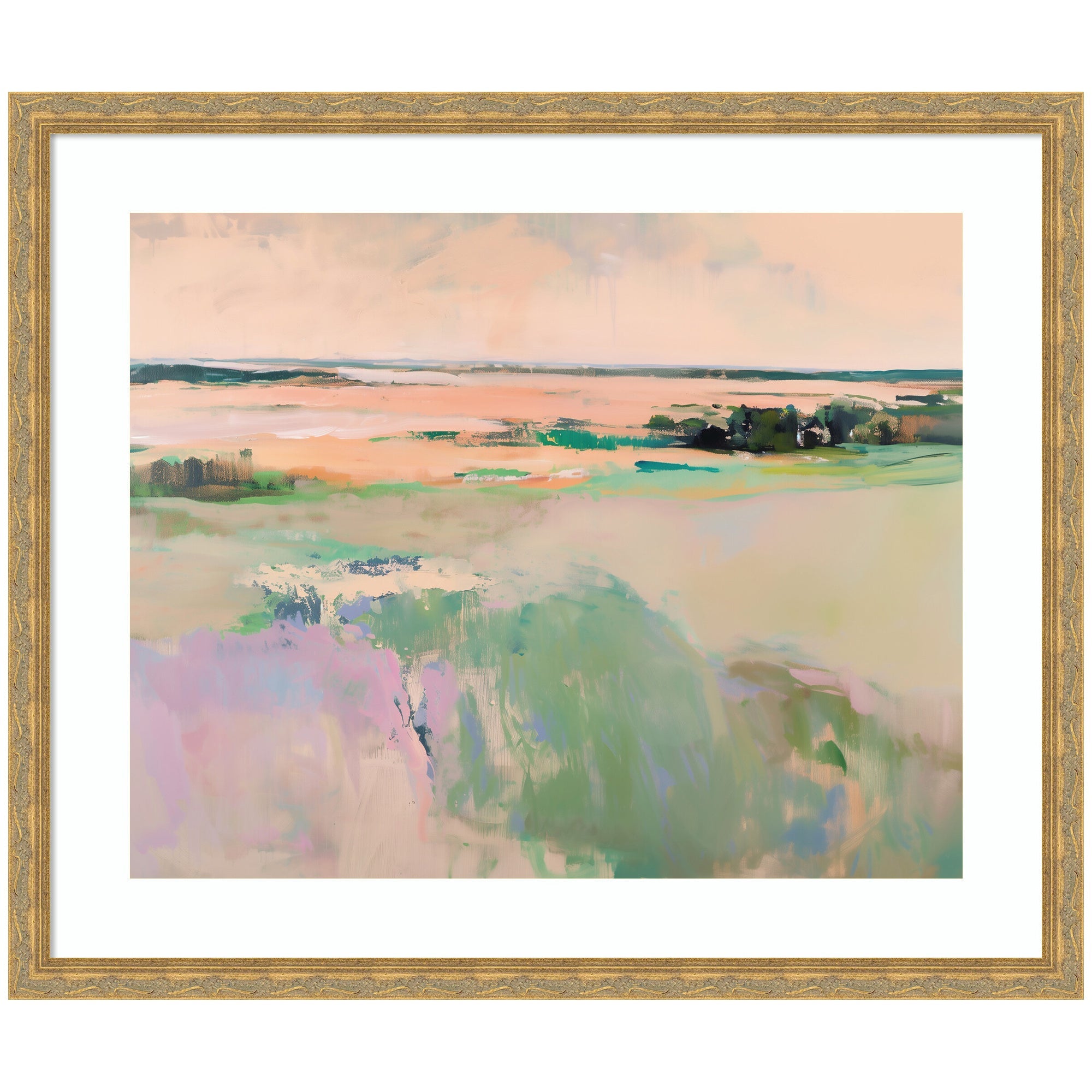 Framed Art Pastel Horizon III by Amy Lighthall showing soft pastel landscape with greens, pinks, and blues in a modern contemporary frame