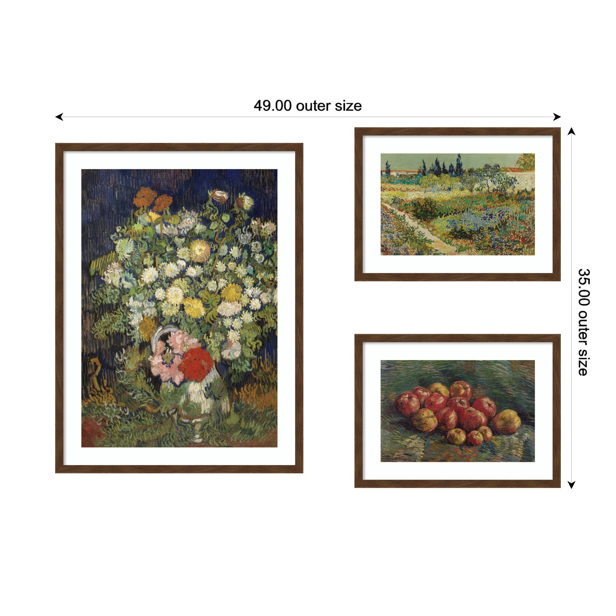 Apples 1887, Bouquet of Flowers in a Vase 1890, & Garden at Arles by Vincent Van Gogh 3 Piece Framed Wall Art Print Set