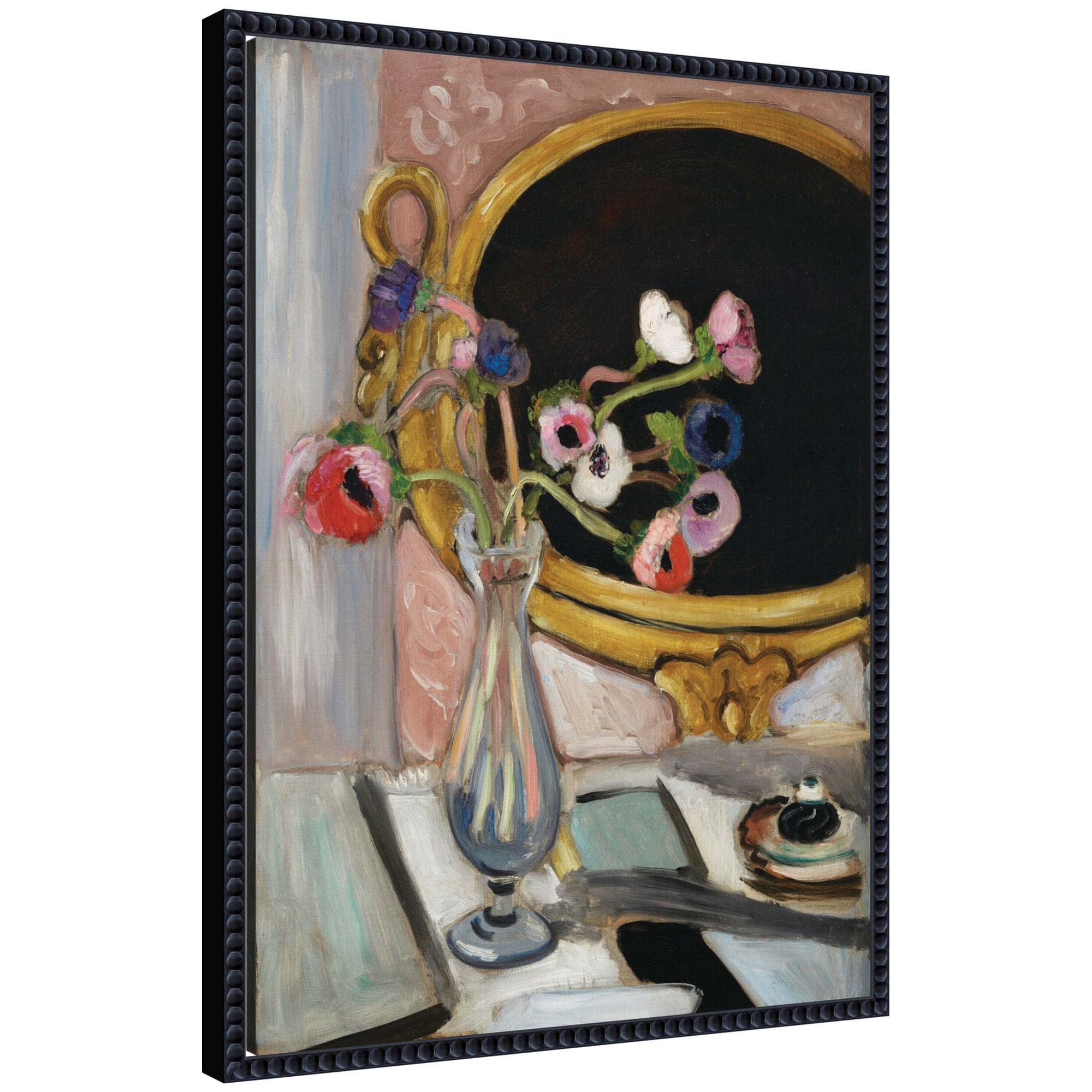 Framed canvas print of Anemones au miroir noir 1919 by Henti Matisse with a black beaded frame