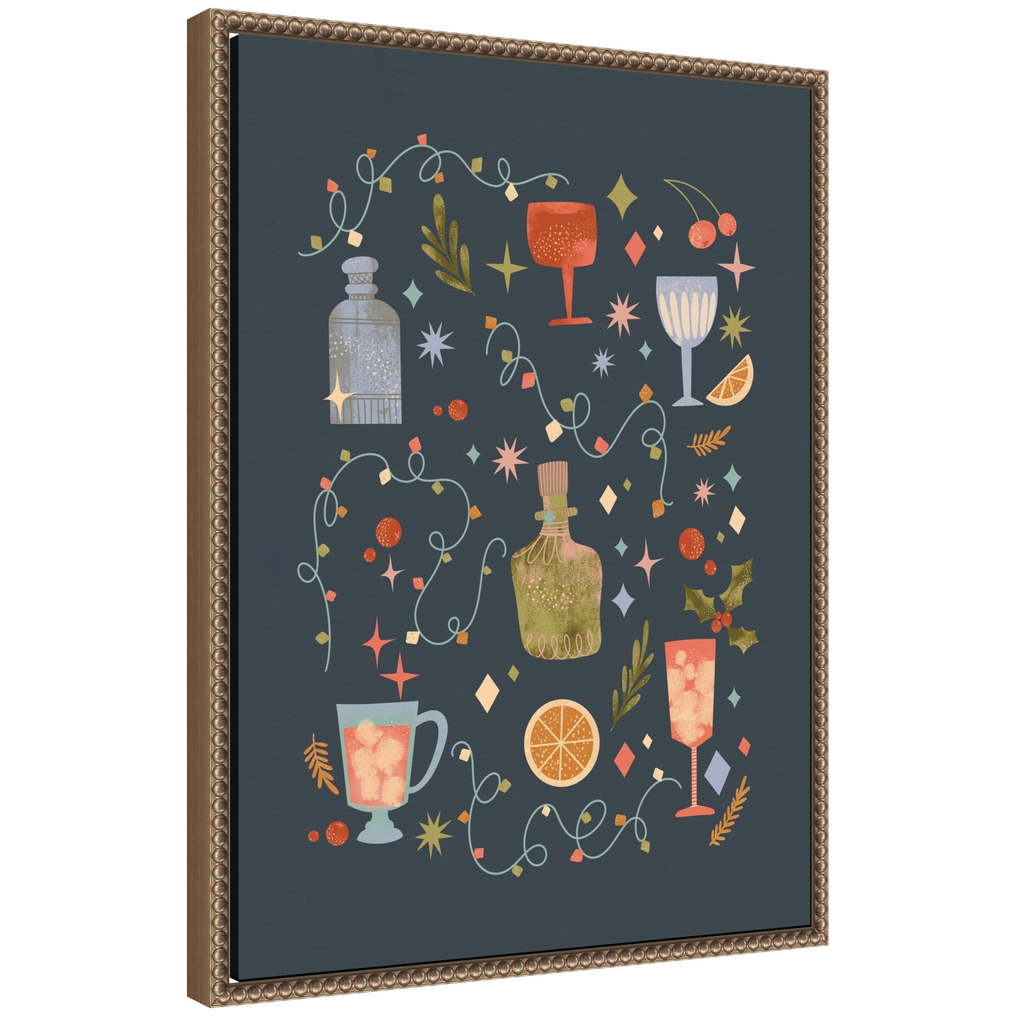 Sylvie Beaded Holiday Cocktails framed canvas art by Nikita Jariwala showing festive cocktails in a modern frame