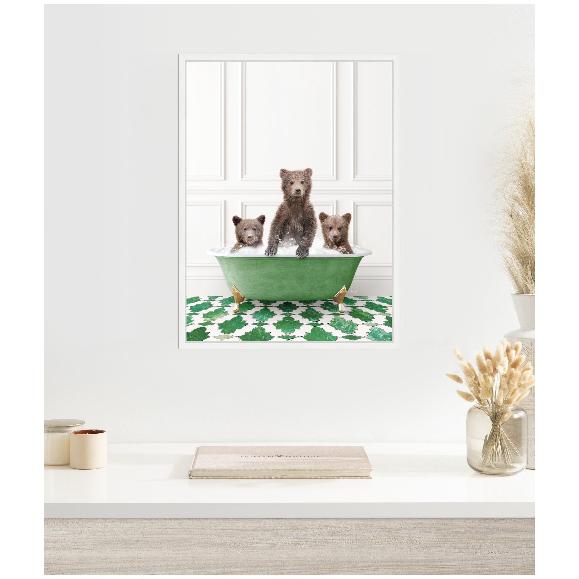 Sylvie Three Bear Cubs in Eclectic Green Panel Wall Bathtub Framed Canvas by Amy Peterson