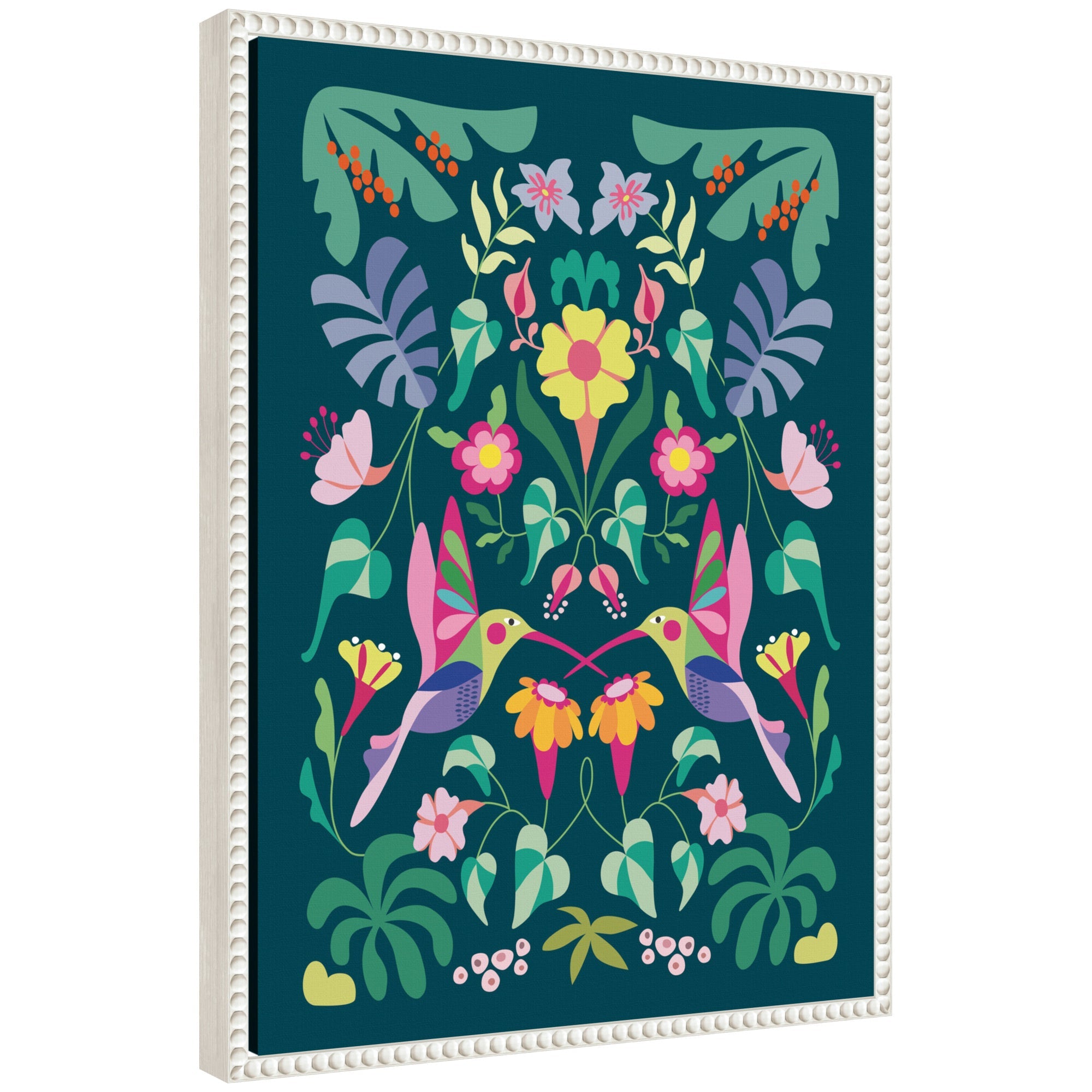 Framed canvas art titled Sylvie Tropical Hummingbirds showing colorful hummingbirds with tropical foliage