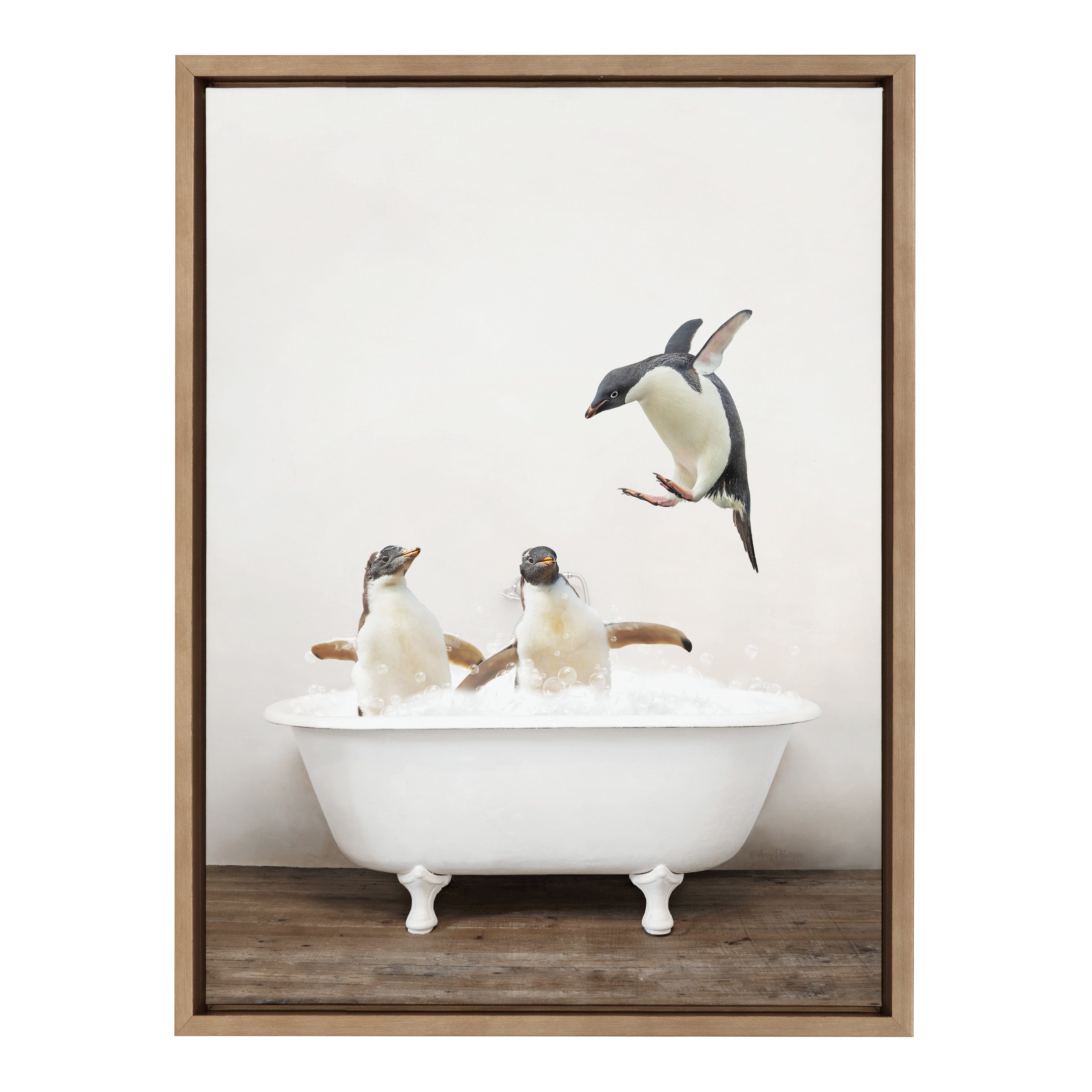 Sylvie Penguins Playing in Rustic Bath Framed Canvas by kateandlaurel - product image 8 for Resin Society