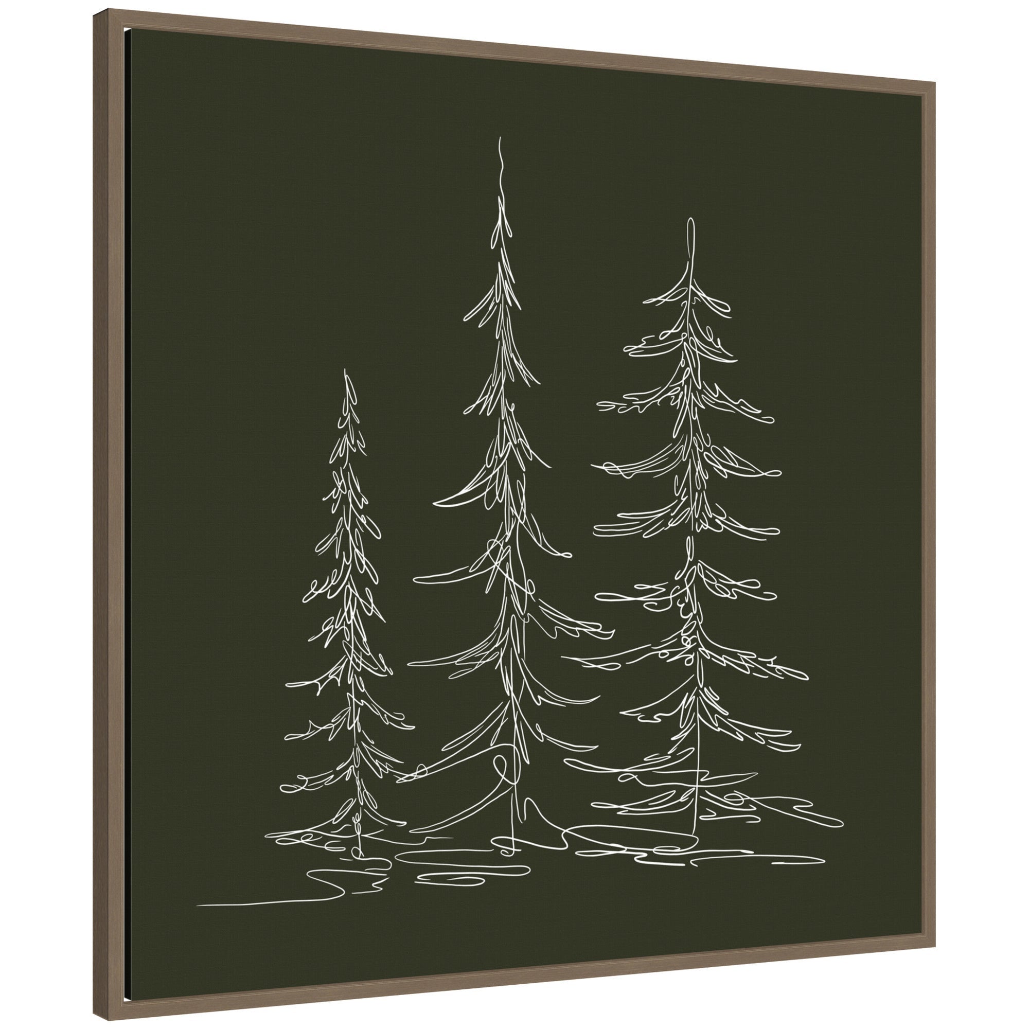 Sylvie framed canvas showing minimalist line drawing of three evergreen trees on dark background in gold frame