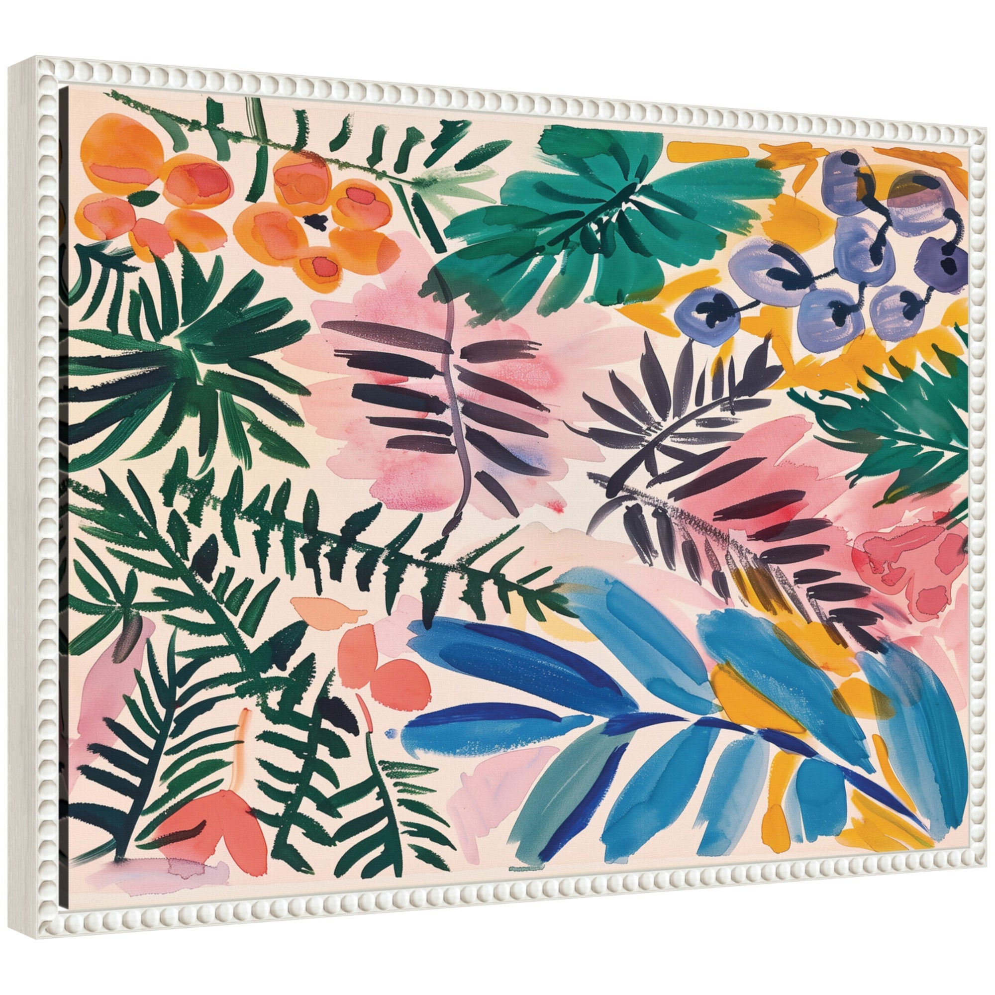 Sylvie Jungle Botanical framed canvas artwork by Amy Lighthall showing green jungle leaves and plants on a gallery-wrapped canvas with light frame