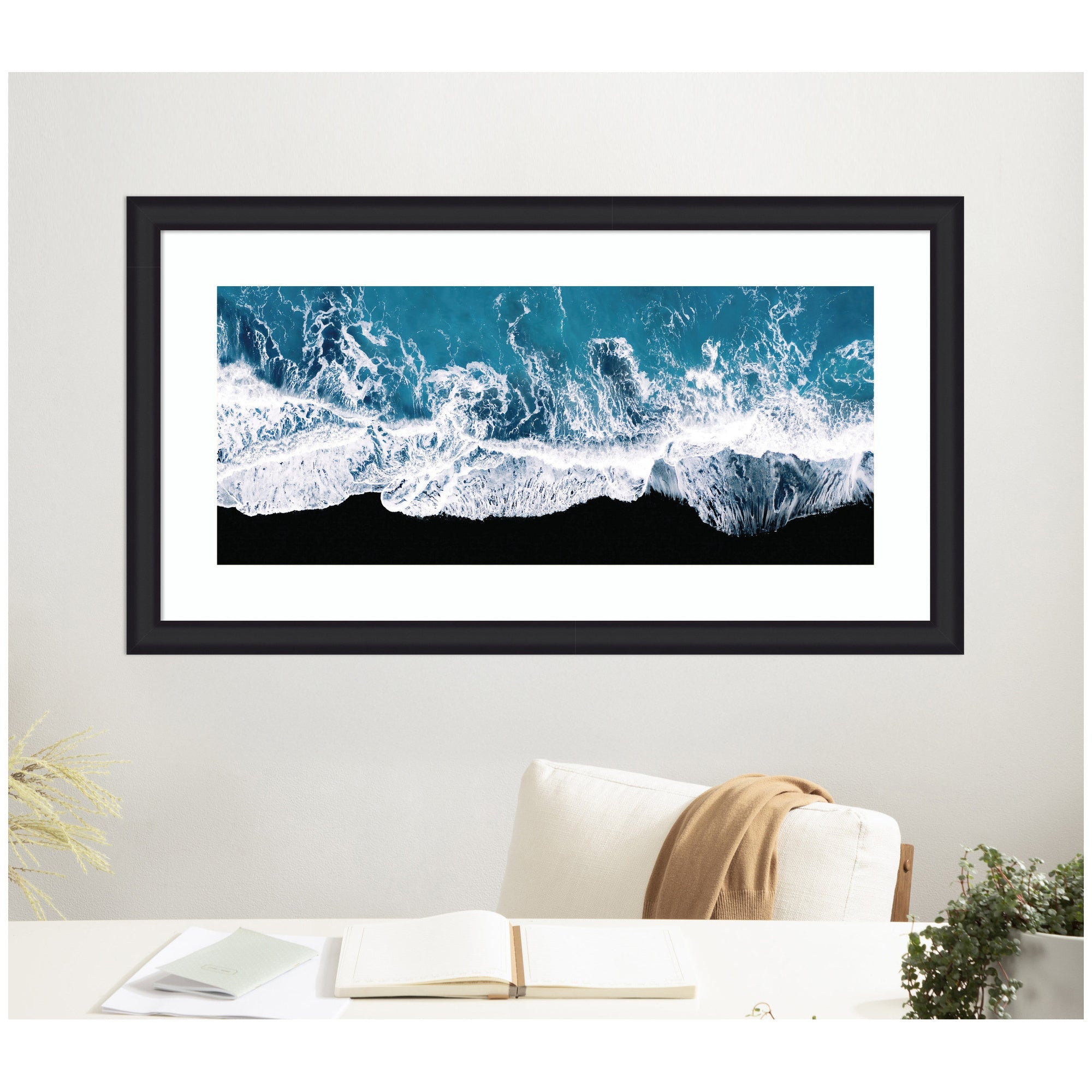 Framed Art Minimalist Ocean Waves on the Black Beach in Iceland Panel by Michael Schauer