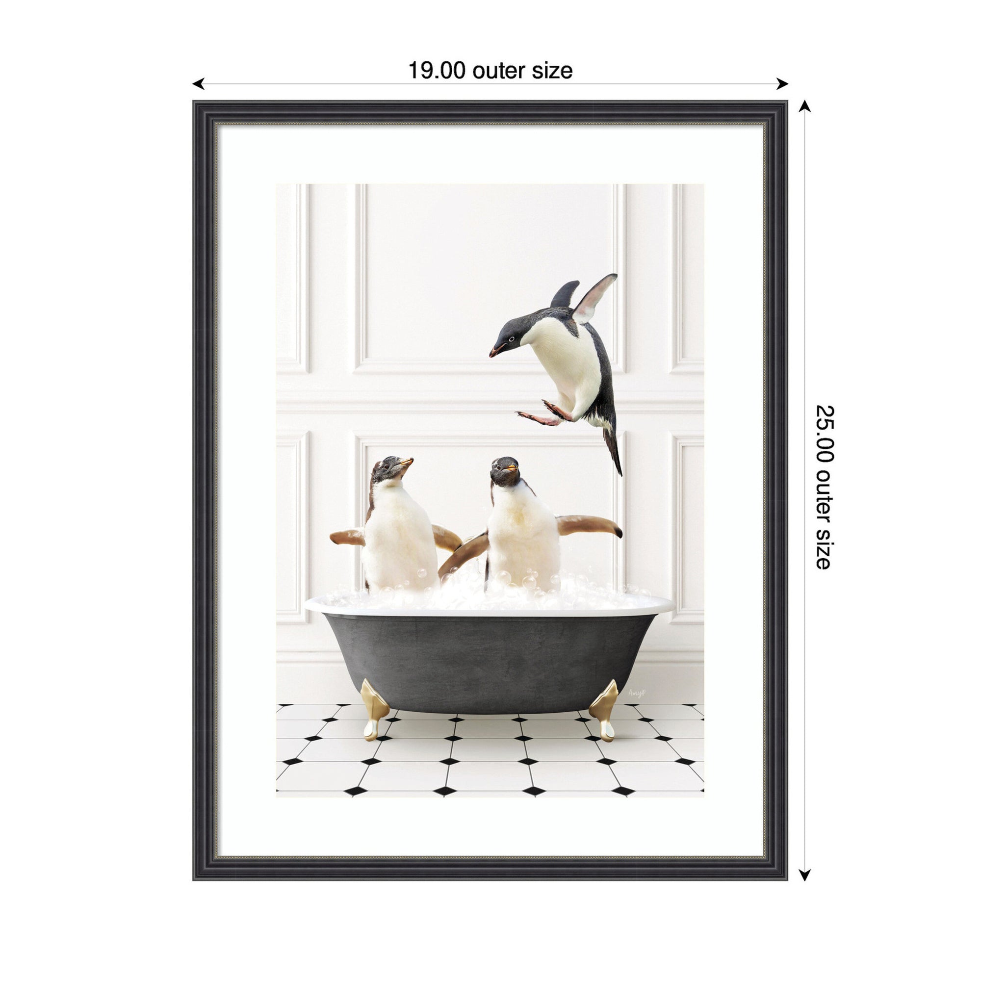 Penguins in Classic Black and White Bath by Amy Peterson Framed Wall Art Print