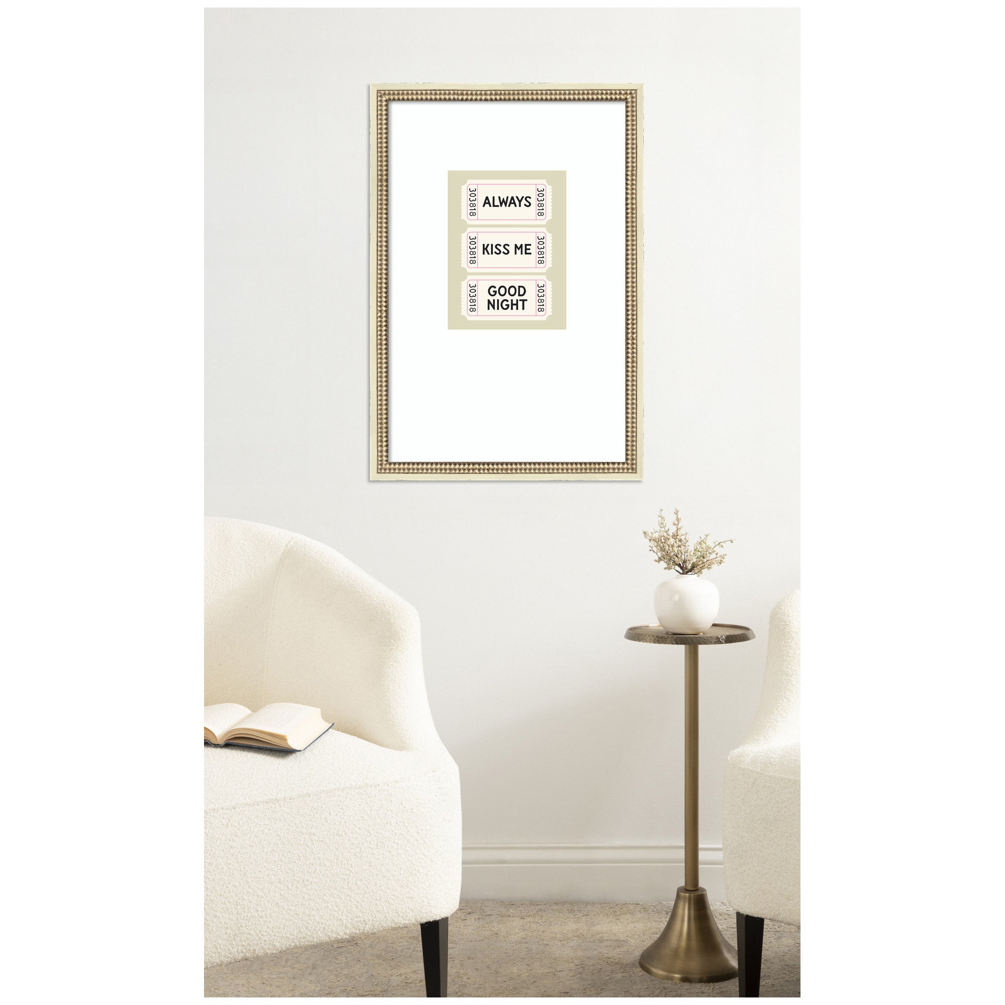 Above Bed Decor, Always Kiss Me Goodnight Ticket Print, Sage Green Wall Art Retro Poster by Lucky Guava Framed Wall Art Print
