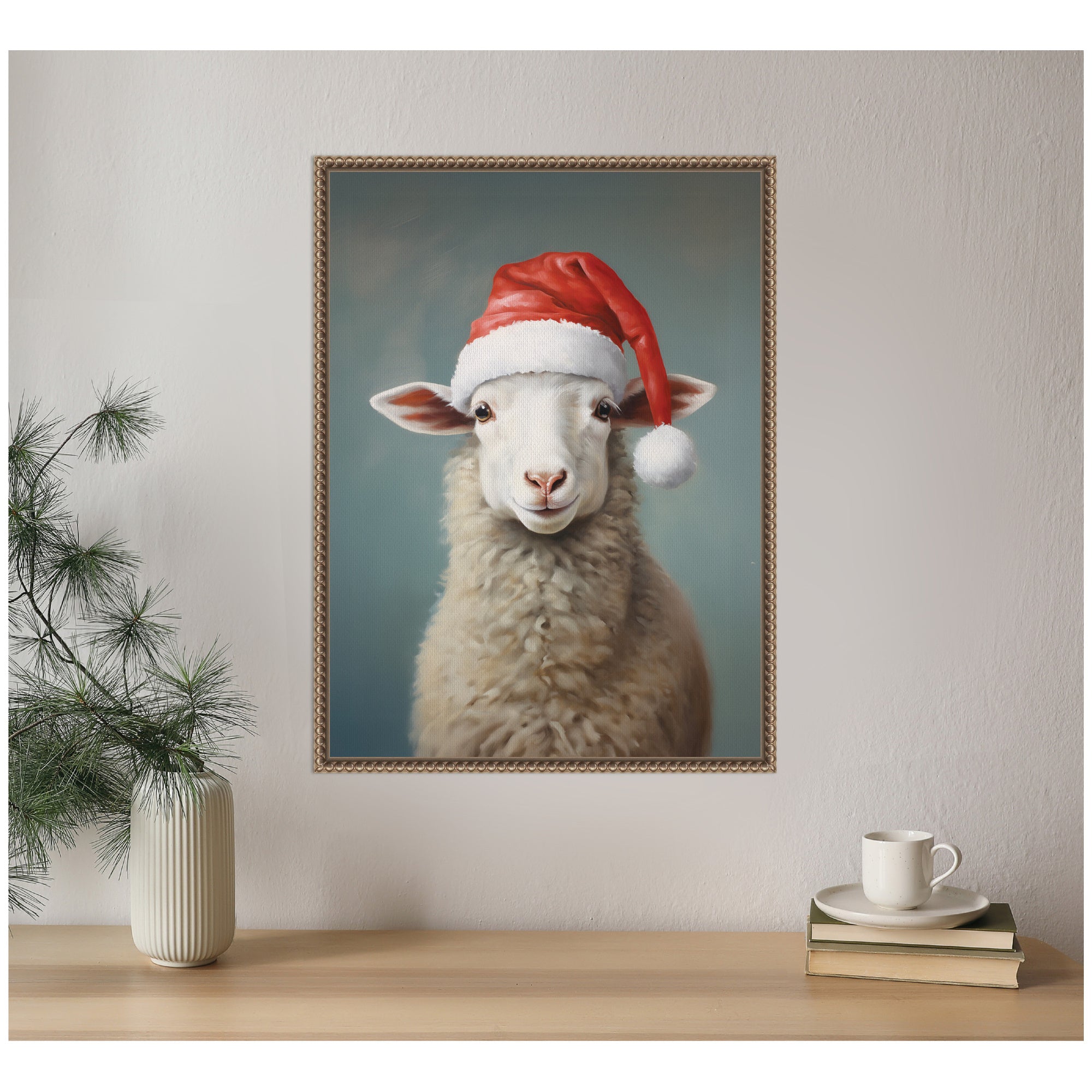 Sylvie Beaded Sweet Sheep Santa Hat Framed Canvas by The Creative Bunch Studio