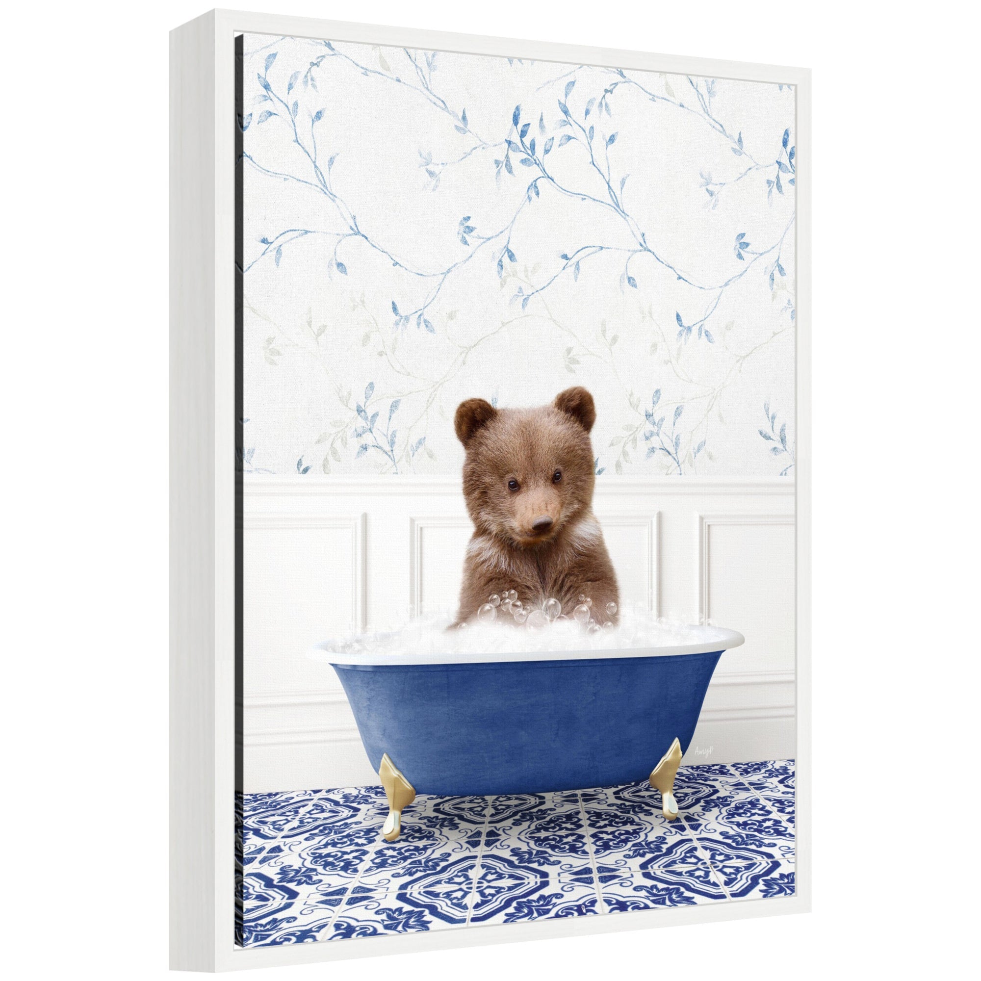 Sylvie Bear Cub in Eclectic Blue Bathtub framed canvas art by Amy Peterson