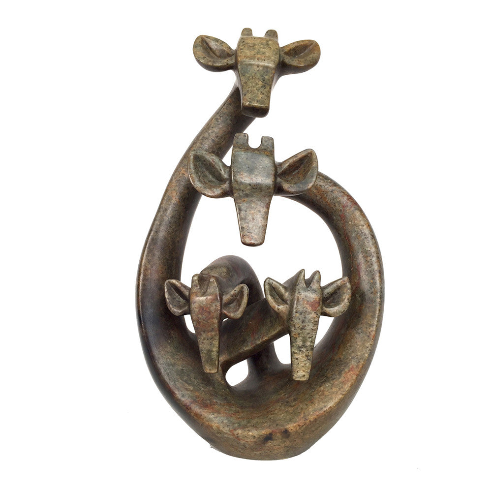 Abstract giraffe family of four sculpture carved from multicolored serpentine stone