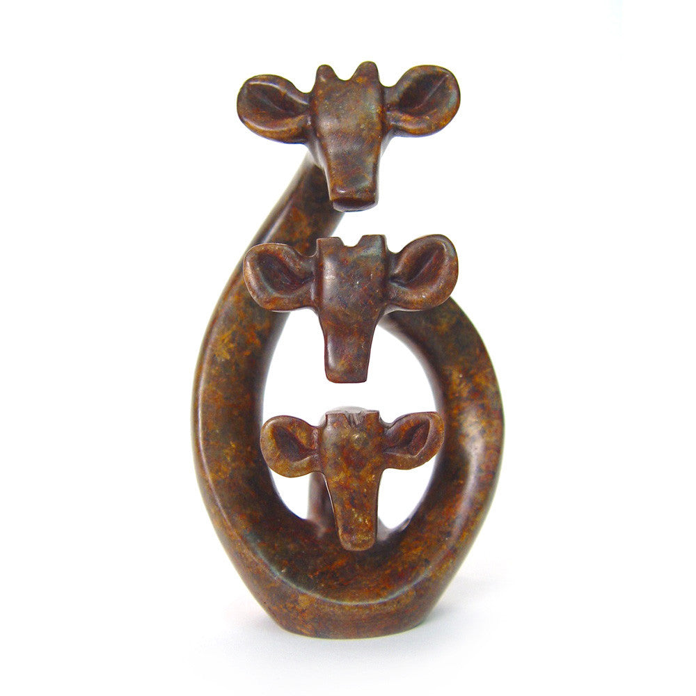 Abstract stone giraffe family of three sculpture in varied green, brown, and black serpentine stone